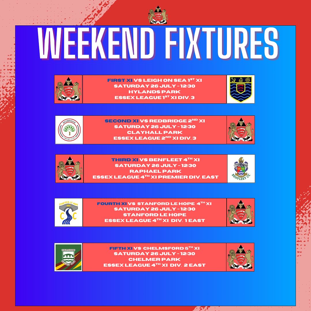 Weekend Teams
Including an inaugural HACC 6TH XI
1s Vs @leighonseacc
2s @redbridgecrkt
3s Vs @benfleetcc
4s @slhcc_1887
5s @chelmsfordcricket
6s @upminstercc
Sunday Vs @forestgatelionscc