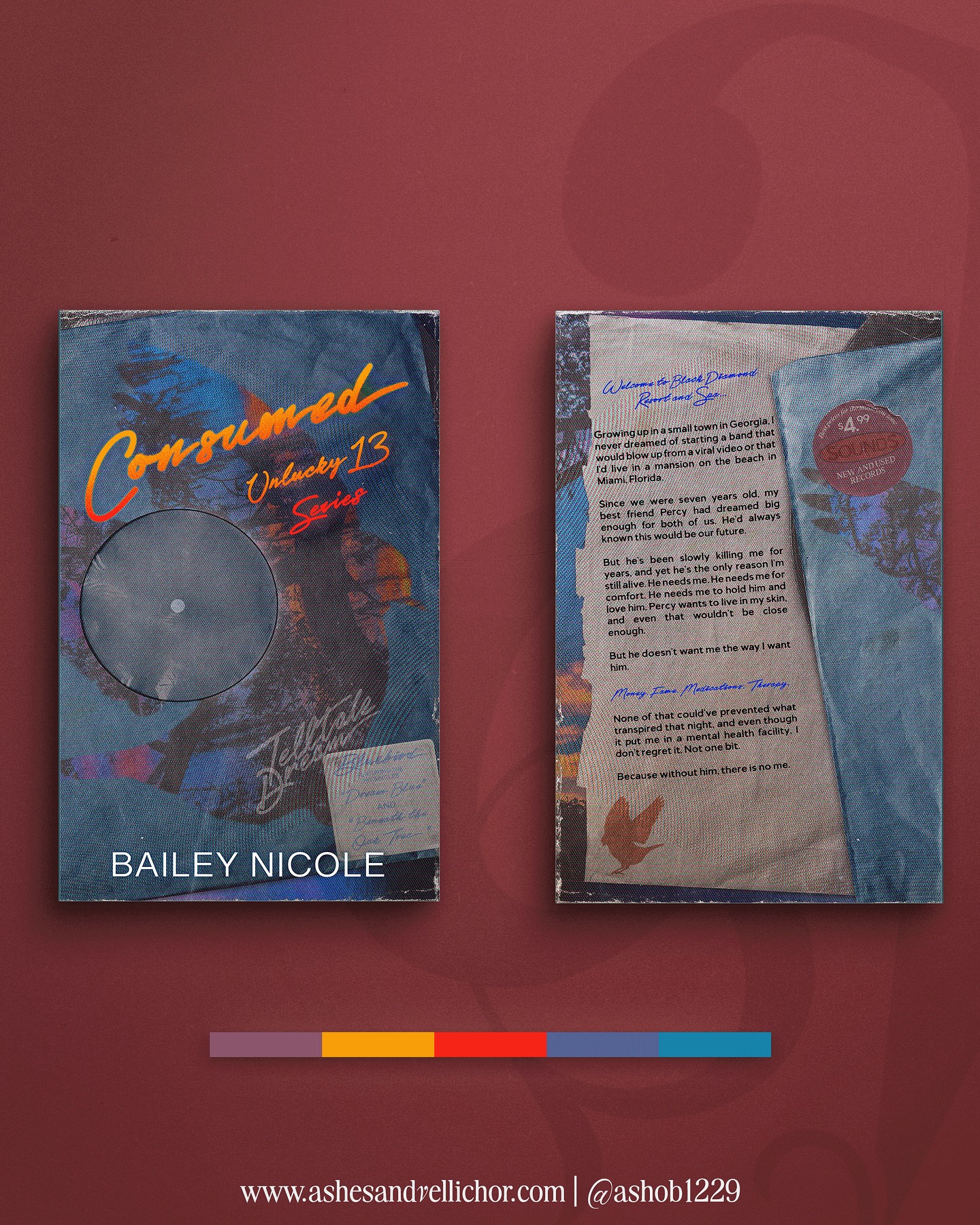 I love creating 𝘯𝘰𝘴𝘵𝘢𝘭𝘨𝘪𝘤 covers, especially those focused around music and print. Grungy album covers and 90𝘴 print ads are always SO interesting to go back from a technical standpoint and appreciate the skill that came with creating them. Most notably due to the decades they were created. @authorbaileynicole allowed me to bring all the appreciation in the cover design for Consumed.
The colors, halftones, trees double exposed with the bird as album art, and all the little record label details are all nods to the story. Sometimes it feels as though printing techniques and especially knowledge have become a lost art. So, it’s always creatively 𝘴𝘢𝘵𝘪𝘴𝘧𝘺𝘪𝘯𝘨 to be able to incorporate nostalgic print into designs like this.
#Ashesandvellichor #ashesandvellichordesigns #bookcoverdesigns #coverdesigner #freelancer #freelancecoverdesign #photoshopcc #graphicdesign #graphicdesigner #bookdesign #bookdesigner #freelancecoverdesign #Typographydesign #romancebookcovers #romanceauthors #romancebooks #freelancegraphicdesign #mmromancebooks