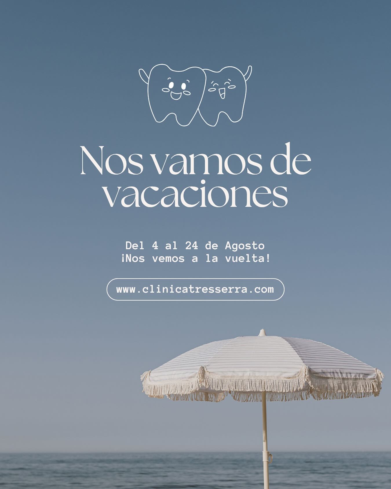 ⛱️¡Nos vamos de vacaciones! 🏖️
A partir del 24 de agosto volvemos con nuestro horario y atención habitual.
¡Hasta pronto! 😉
#clinicadental #clinicadentalbarcelona #barcelona #vacaciones #volvemospronto