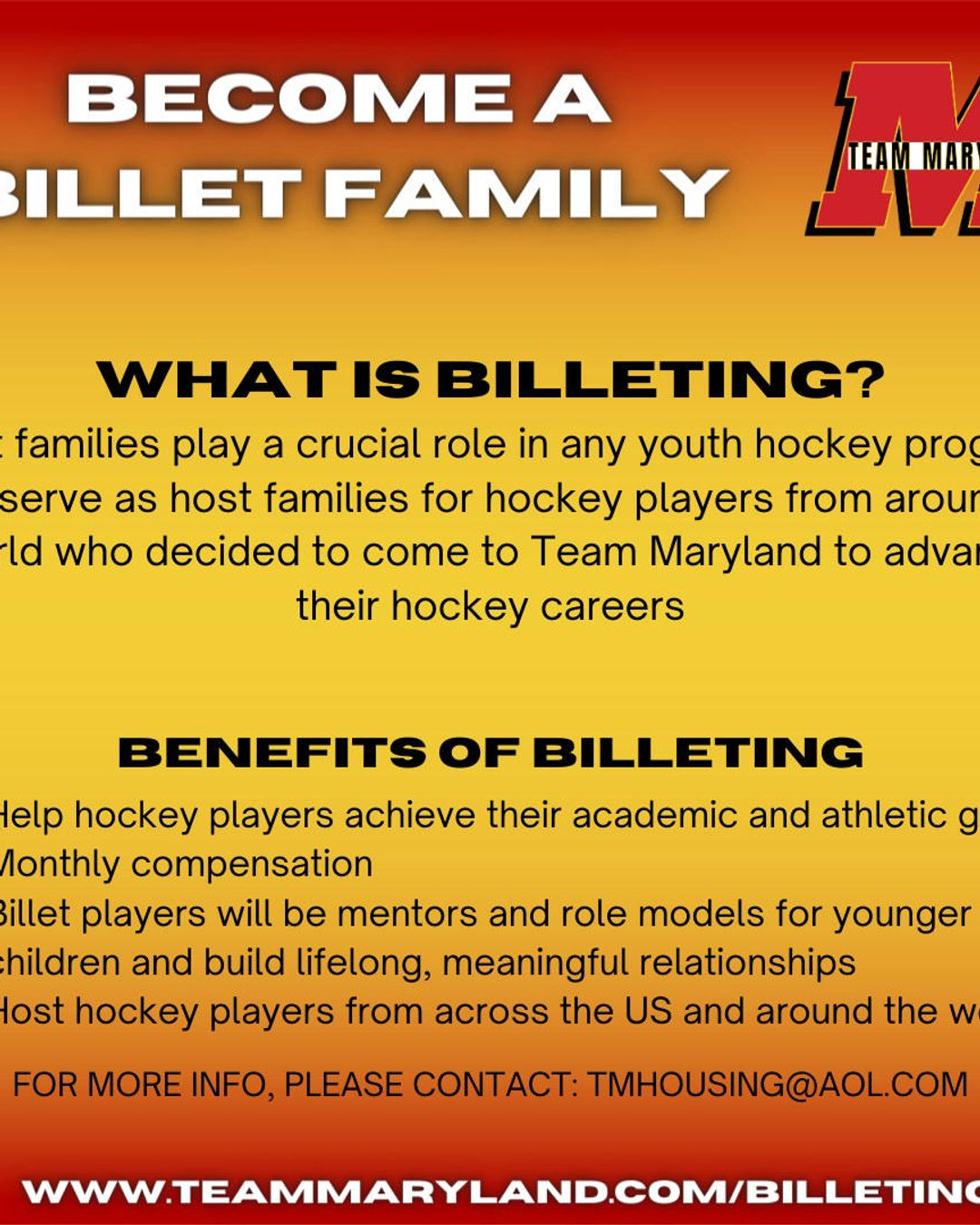 Team Maryland is seeking warm, enthusiastic families to host dedicated young hockey players from across the United States, Canada, and Europe as they pursue their dream of earning a college scholarship in the U.S.
DM us for details.