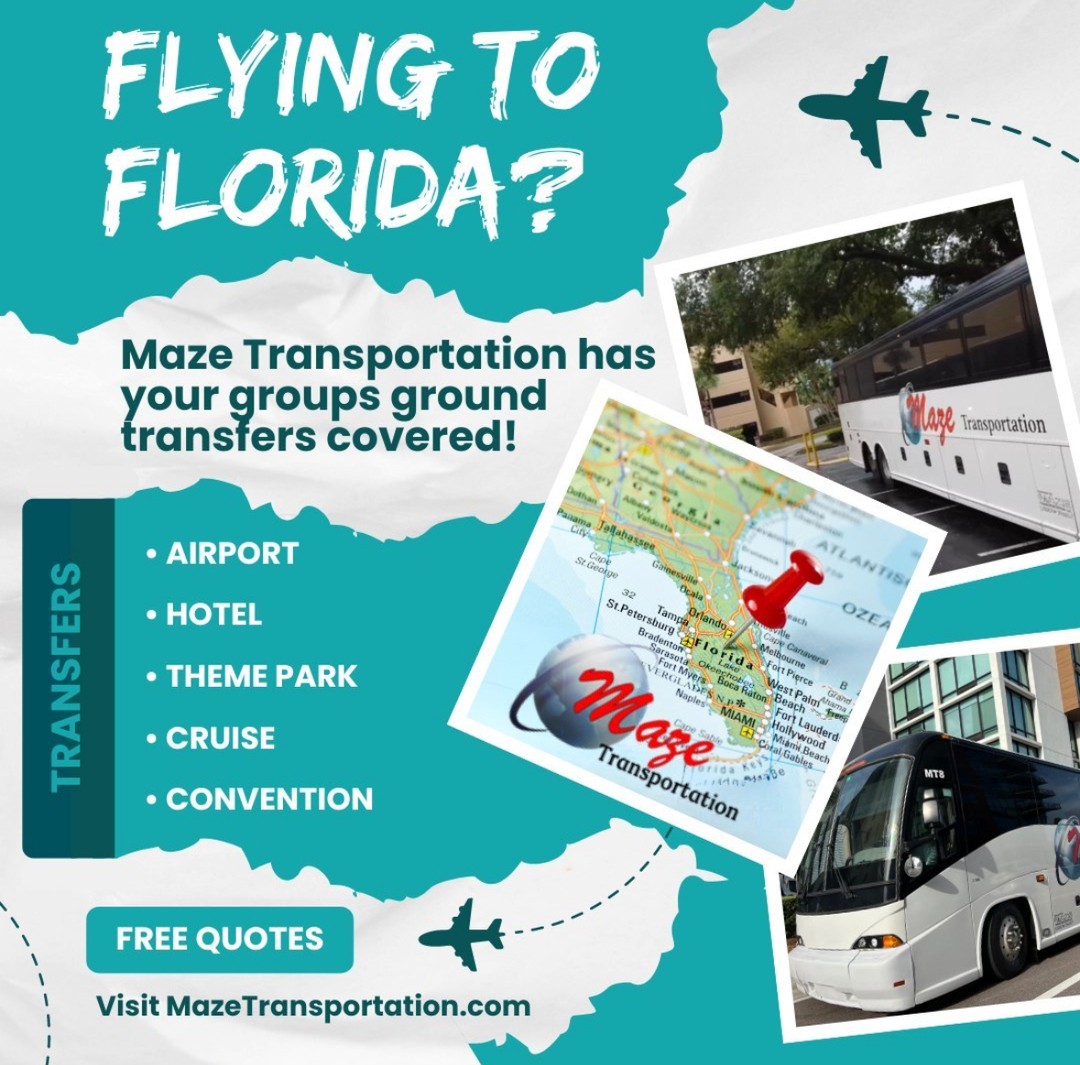 Flying to Florida?
Whether you're here for a convention, staying at a hotel, heading to the airport, catching a cruise, or visiting a theme park, Maze Transportation has you covered. We offer seamless transportation for all your travel needs across Florida. Enjoy a stress-free experience with our reliable and comfortable rides. Wherever your destination, we'll get you there smoothly. Contact us today for a quote!
•
#FloridaTravel #ConventionShuttle #HotelShuttle #AirportRide #CruiseShuttle #ThemeParkRide #GroupTransportation #TravelFlorida #MazeTransportation #OrlandoTravel #MiamiShuttle #StressFreeTravel #ExploreFlorida