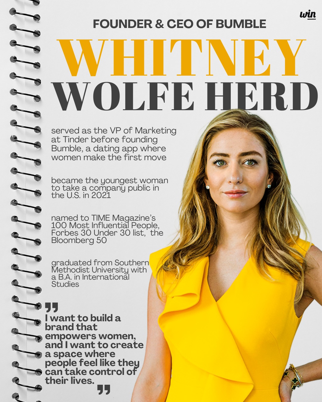 We’re excited to kick off our new series ✨Women in Business Wednesdays✨ to feature incredible women who are making waves in the business world — starting with Whitney Wolfe Herd, Founder & CEO of Bumble 💛
Whitney started at Tinder before founding Bumble, which made her the youngest woman in U.S. history to take a company public. She has received several accolades along the way including Forbes 30 Under 30 and Bloomberg 50. 🐝💼
👇 Comment below other women in business who inspire you or suggest someone you’d love to see featured next!
#WomenInBusinessWednesdays #WomenInNetwork #FemaleFounders #WhitneyWolfeHerd #Bumble