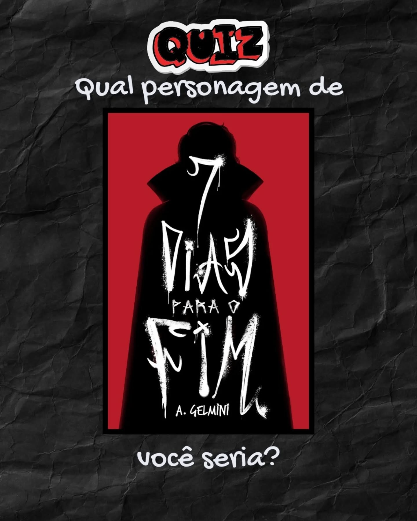 QUIZ - Qual personagem de Sete Dias para o Fim você seria?
Comente aqui seu resultado! ♡
#book #brasil #bookstagram #bookaholic #instabook #literaturabrasileira #like #livro #livros #literatura #vampiro #vampire #vamp #Vampiro