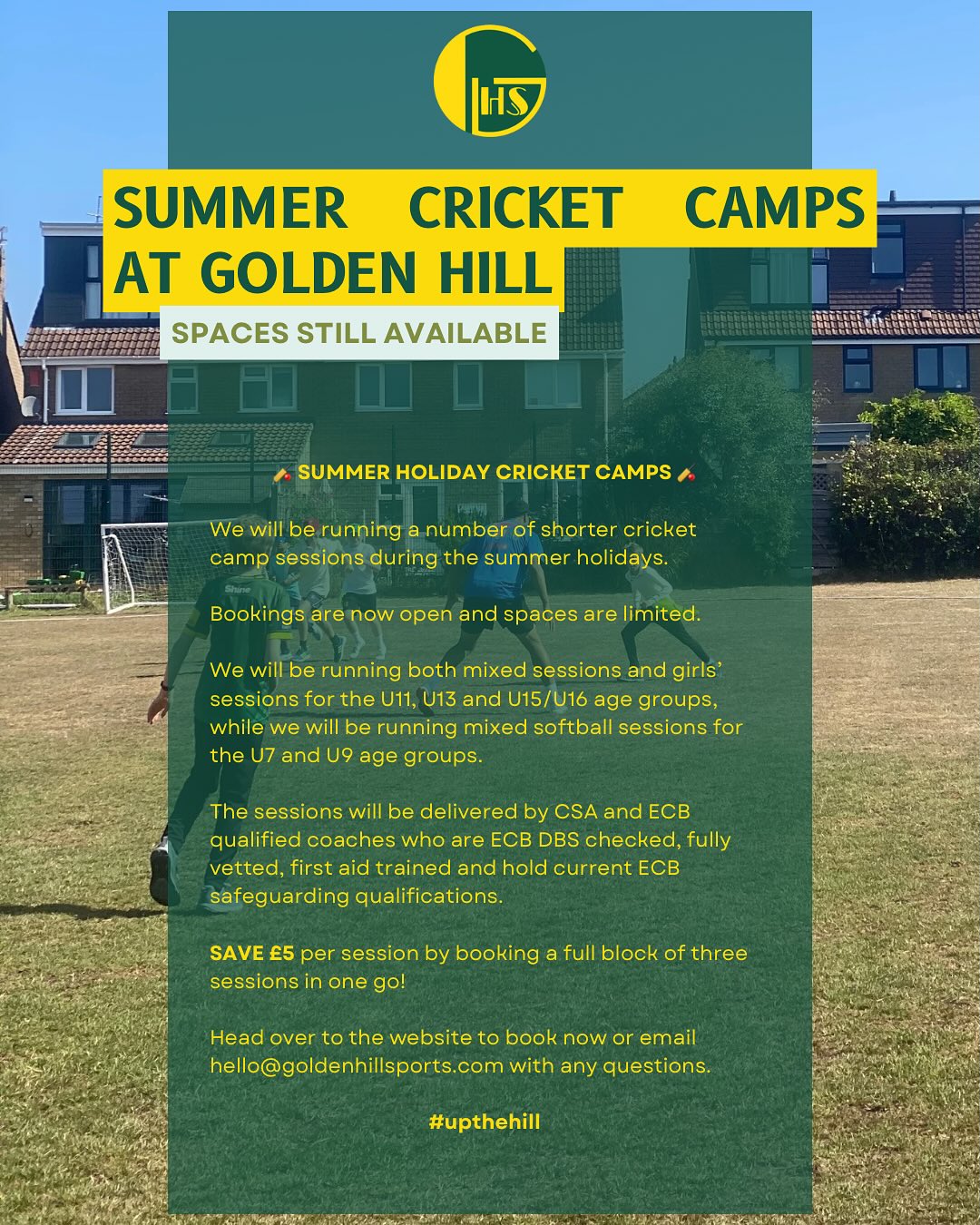🏏 CRICKET CAMPS AT GOLDEN HILL THIS SUMMER 🏏
We still have a few spaces available for cricket camps with Overseas Professional @being_imimanack and Deputy Director @unlikelycricketcoach this summer.
Head over to https://www.goldenhillsports.com/bookings to secure your space now!
Did you know, you can also book 1-2-1 sessions with @being_imimanack on the Golden Hill website and 1-2-1 sessions with 1st XI Captain, @daz.ahmed_ by contacting Daz direct! 1-2-1 sessions are suitable for both junior and senior players looking to hone their skills!
#upthehill
💚💛