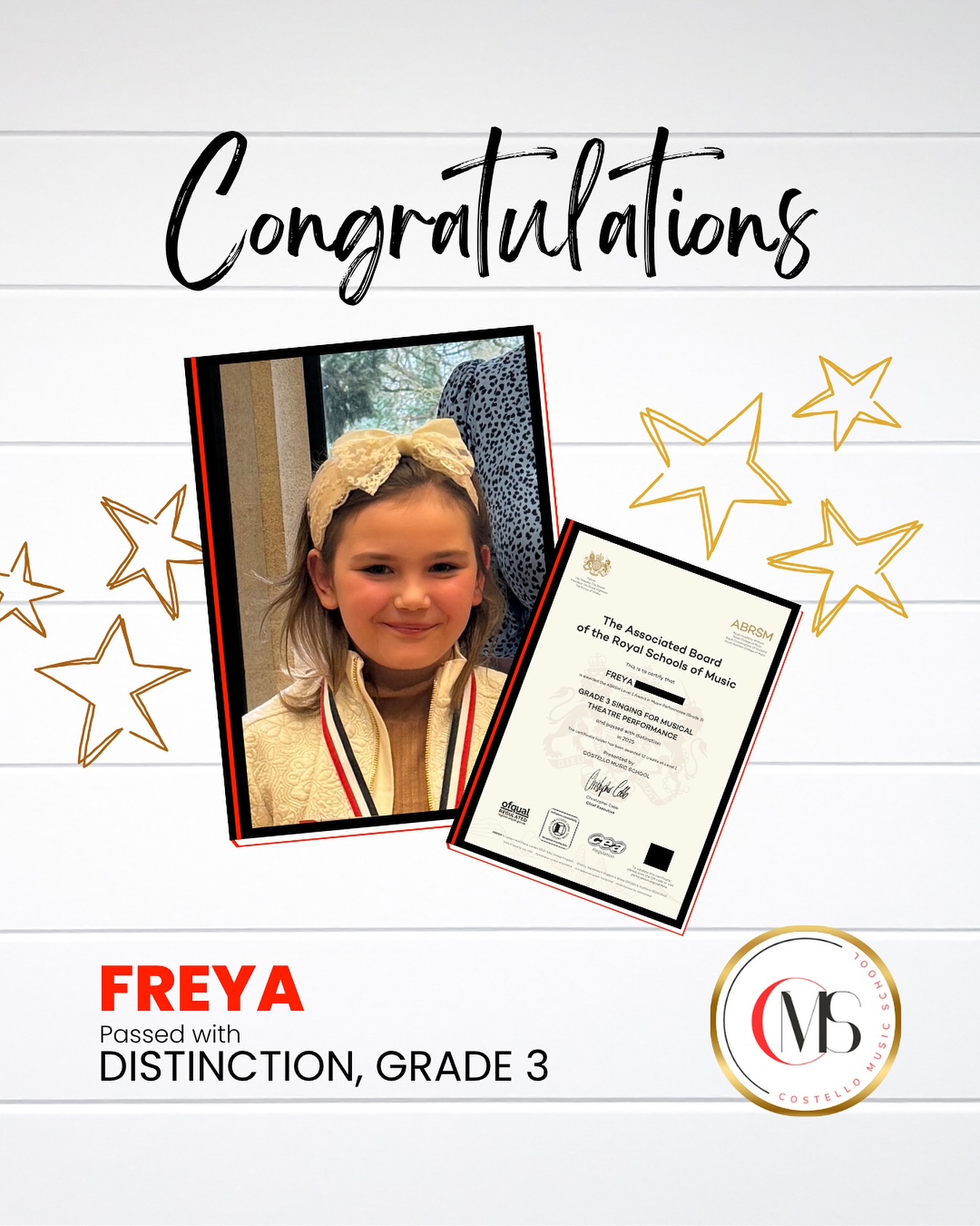 Huge congratulations to Freya who passed her @abrsmmusic Grade 3 Musical Theatre Singing Examination this week with Distinction! An incredible performance - well done Freya! 🎵 ⭐ 🎶