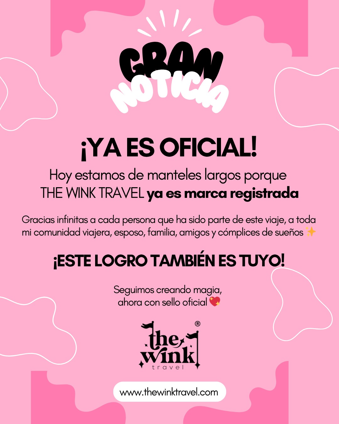 🎉✨ ¡ES REAL, VIAJEROS!
The Wink Travel ya es MARCA REGISTRADA.
¡Qué emoción tan grande poder compartir esto con ustedes!
Este no es solo un paso legal… Es un paso simbólico lleno de historia, trabajo, pasión y sueños cumplidos.
Gracias a mi comunidad viajera por dejarme acompañarlos en sus aventuras mágicas, a mi esposo y familia por ser mi mayor apoyo y porra siempre y creer en mí desde el día uno,
y a cada persona que ha puesto su granito de confianza en este proyecto.
¡Este logro también es suyo!
Y una mención honorífica a @concretalegal.mx por acompañarme y asesorarme en este proceso con tanto profesionalismo y corazón, gracias por ayudarme a proteger todo lo que he construido con tanto amor 💼✨
Hoy celebramos que The Wink Travel ya tiene sello oficial… y lo que viene, apenas comienza. 💖