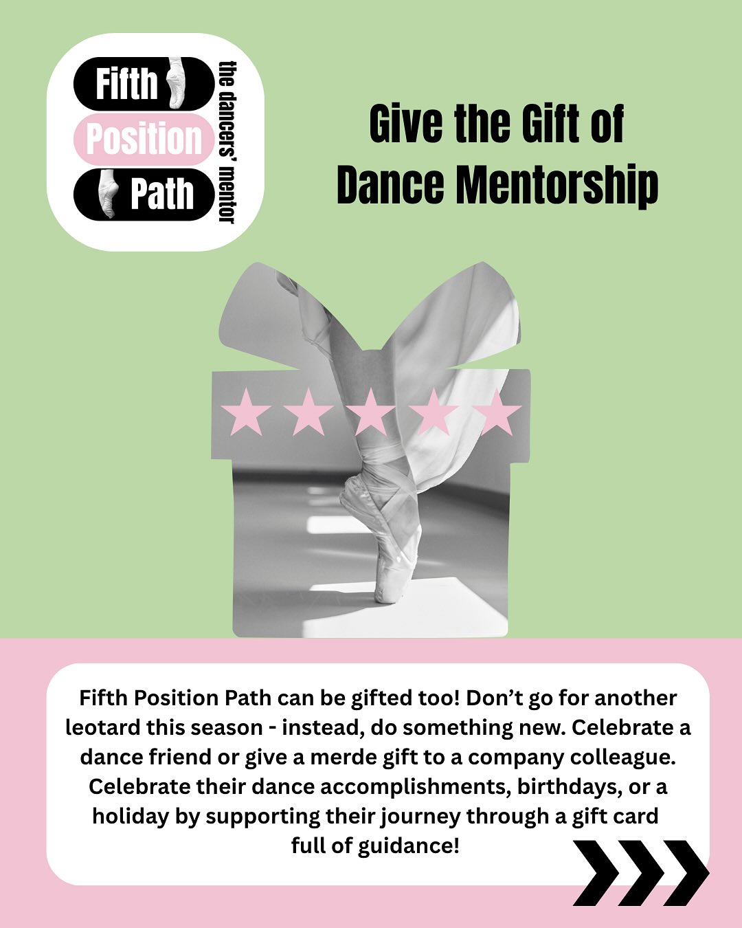 Give the gift of dance mentorship with me this 2025/2026 ballet season. Fifth Position Path makes a perfect merde, holiday, or birthday gift for dance friends and colleagues ! Visit https://www.samanthagaller.com/gift-card | or gift card link 🔗 in bio 💝
In today's dance industry there is no reason not to support others by offering a gift full of guidance. Read some testimonials from students, now pros, and families who I have had the pleasure of working with over the years.