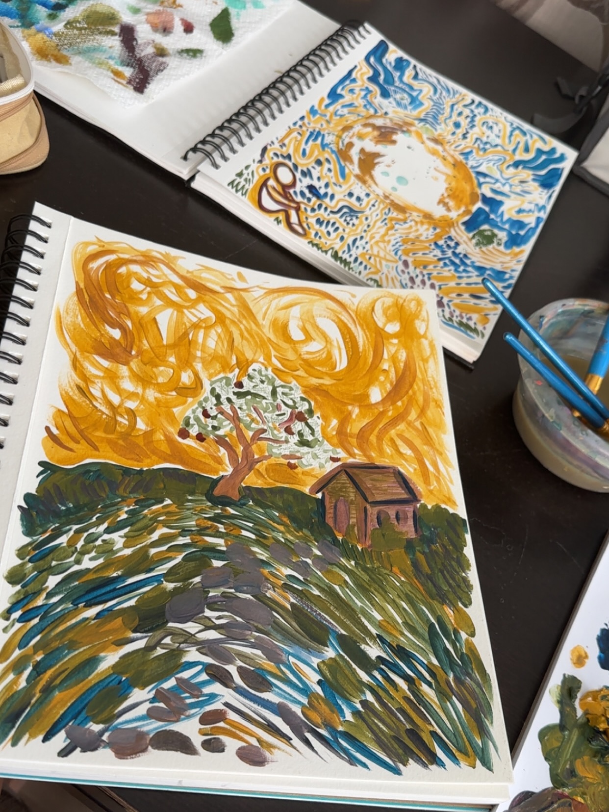 i let myself do some free painting today
just letting it happen
it actually “felt wrong” to just be painting. not having it be focused on a certain project and also not focusing my time and energy toward other work tasks
this session showed me a lot of things, one of them being, there is almost always going to be something else we “should” be doing and remembering that this sort of work is necessary is important
it’s exciting to see what came out of it and i definitely didn’t expect to have worked on 3 different paintings ~ on the table and 2 on paper ~
i had the “painting on the table” idea a long while back and have continued to have the urge to do it
i was feeling a little anxious today and this helped a ton with that
i’m also really surprised with how the two paper pieces turned out
i actually really like them!!
i truly had no idea where any of this would end up going
lastly, what initiated a lot of the ochre color - i had a pretty full tube of ochre that had hardened pretty well toward where you squeeze it out. i decided to just cut the pouch open and squeeze out all the paint since it wasn’t really functional anymore
welp, i hope you are having a wonderful day and if you’re having a tough day, i hope it gets a little lighter