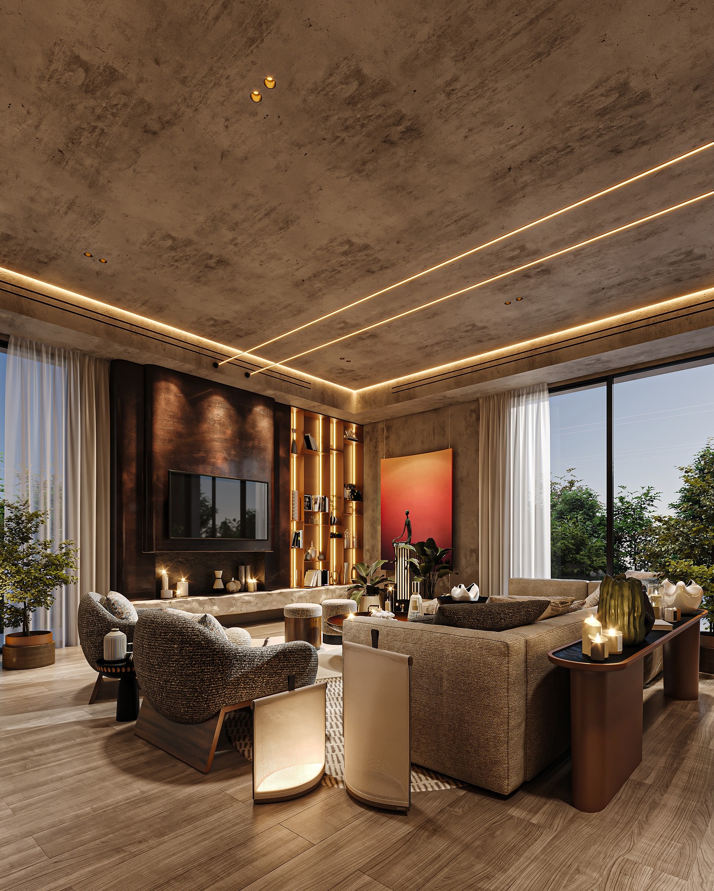 Project Reveal – Riyadh, Saudi Arabia 🇸🇦 | Second Floor
A warm, sophisticated living space designed with modern elegance and earthy richness.
This second-floor lounge features a contemporary minimalist style infused with raw textures and refined detailing. The concrete ceiling and walls give an industrial edge, softened by warm ambient lighting and custom golden shelving that adds depth and luxury.
The color palette blends neutral tones — soft beiges, taupes, and charcoals — creating a calm, welcoming environment.
Materials like natural wood, textured fabrics, sculptural ceramics, and velvety upholstery enrich the sensory experience.
The layout was thoughtfully designed for comfort and social connection — a large L-shaped sofa anchors the room, surrounded by low tables, sculptural chairs, and curated accessories. Statement art and greenery bring soul to the space, completing the atmosphere with character and charm.
✨ A space where comfort meets curated design.
#InteriorDesign #RiyadhInteriors #ModernLiving #ArchitecturalDesign #WarmMinimalism #DesignDetails #LuxuryHomes #SaudiArabiaDesign #NeutralPalette #ContemporaryStyle