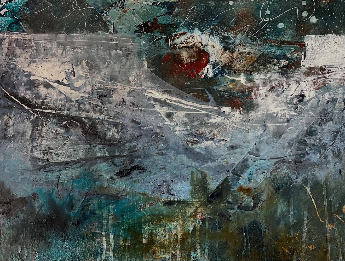 So much fun this afternoon.Not sure if your supposed to post the hectic, ‘there’s a lot going on’ stage but layers are building nicely . Getting close to the edit stage and some calmer aspects. #workinprogress #asinartinlife #calmerwatersahead #landscapesbeingreshaped #acrylicpainting #abstractart #welshartist
