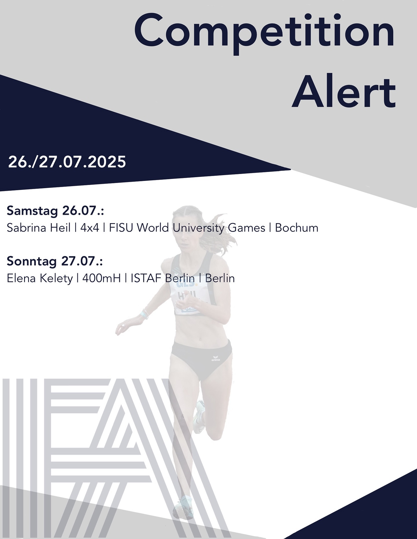 Neues Wochenende, neue competitions:
Heute steht zum Ende der World University Games @rhineruhr2025 der Vorlauf der 4x400m Staffel an, in der @sabrina.heil mit am Start steht 🔥💥! Morgen folgt dann das Finale.
.
Am Sonntag beim @istaf_berlin geht @elena.kelety nochmal über 400mH auf die Jagd nach einer Top-Zeit ⚡️🙌!
.
Viel Erfolg, wir freuen uns auf tolle Ergebnisse 💪!
.
.
.
#frankfurtathletics #fa #germanyathletics #faster #higher #further