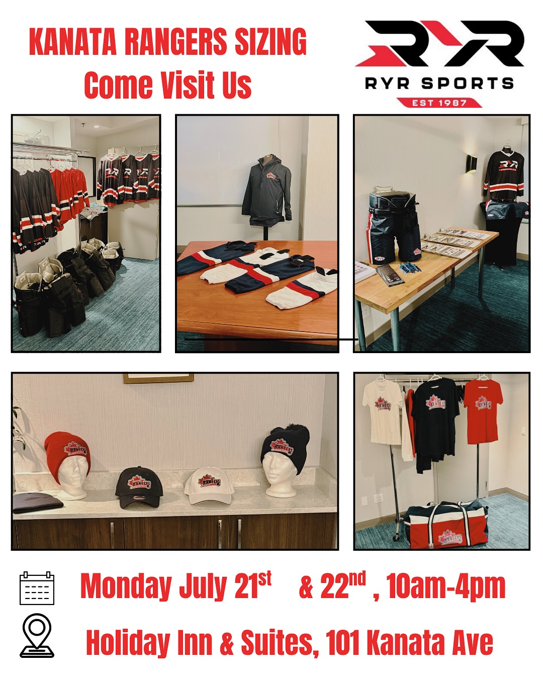 ๐ฃ KANATA RANGERS SIZING EVENT ๐
Come get fitted for the season with RYR Sports!
๐๏ธ Monday, July 21st & 22nd
๐ 10am โ 5:30pm (new time)
๐ Holiday Inn & Suites, 101 Kanata Ave
Jerseys, apparel, gear & more โ donโt miss it! ๐ดโซ #KanataRangers #RYRSports #HockeyGear #TeamFitting #KanataEvents #HockeyLife
โธป