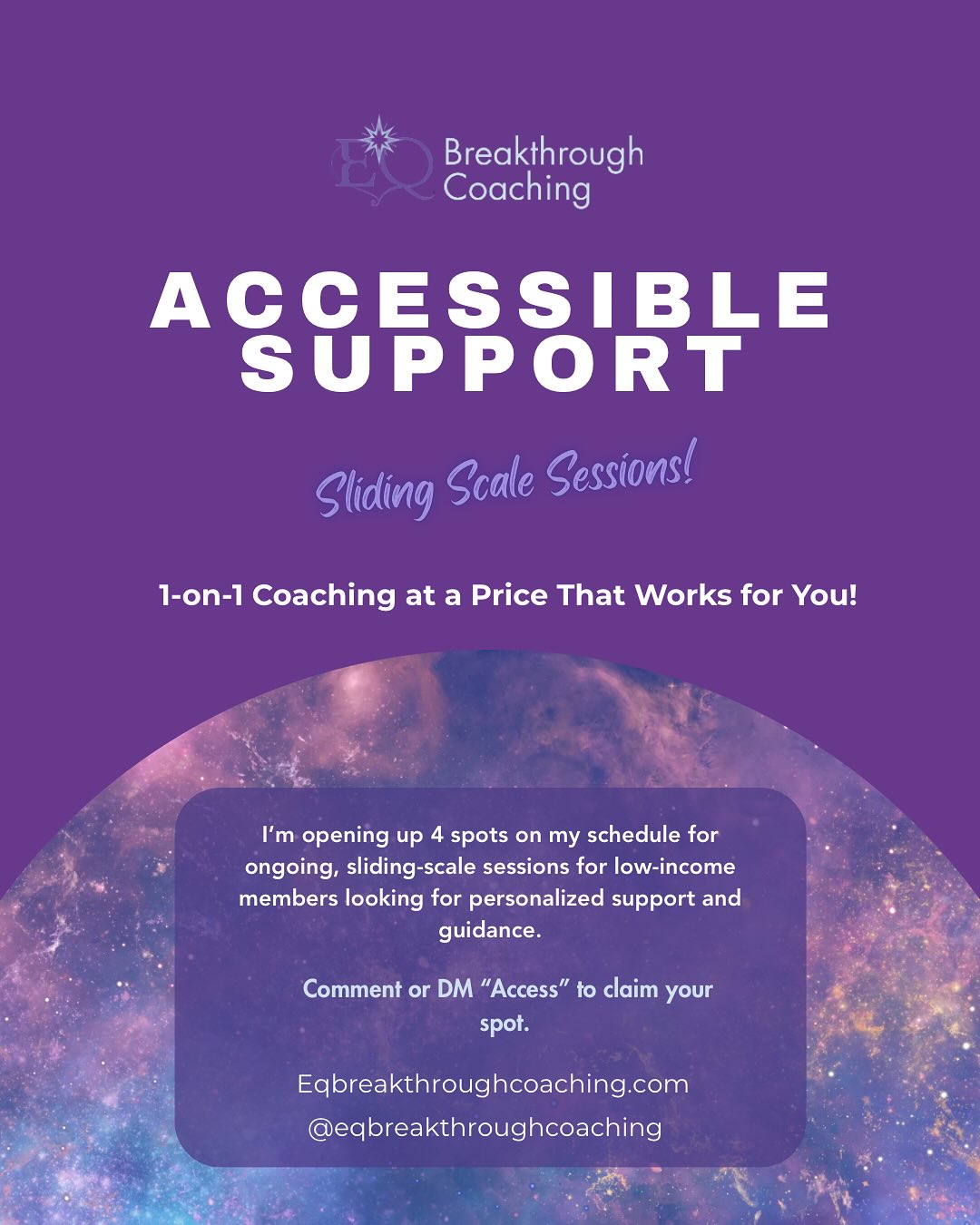There are enough challenges in the world, affording support should not have to be one of them! My books are open and support is available! I’m offering sliding scale spots for 4 people who are seeking guidance on a budget. No proof required, no judgement whatsoever.
Swipe left 👈🏻 to see what is included in the customized EQ Breakthrough Coaching program.
Comment or DM “access” if you are interested in learning more or to claim your spot! I wish I could offer this deal to everyone but I can only do this for 4 members at a time. Grab your spot before they fill up!