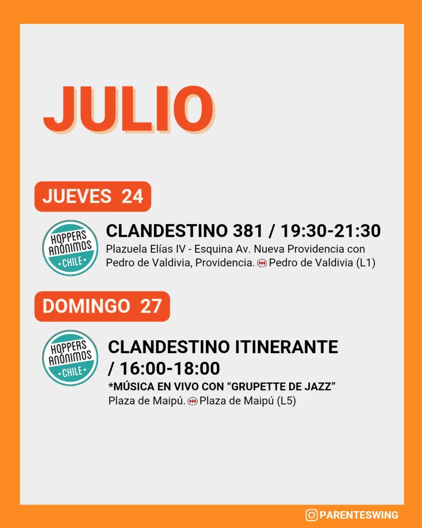 ✨Todos los eventos son gratuitos y abiertos a todo público, a menos que se indique valor de entrada 💸
‼️Cualquier modificación o nuevo evento en los comentarios👇🏻 y/o por historias 👆🏻
🤔 Qué es una Jam, Clandestino o Baile Social?
Una instancia donde fanáticos de los bailes swing (Lindy hop, Balboa, Shag, Solo jazz) se reunen a compartir, hacer comunidad y a la vez, practicar.
❌ Las actividades publicadas NO son instancias de clases para aprender a bailar, a menos que se indique “Taller” o “Clase Abierta”.
👀 Quieres aprender a bailar?
En nuestra historia destacada “CLASES” está toda la información y formularios de inscripción a los cursos del mes de las escuelas de bailes swing ✨
Nos vemos en la pista! 💃🏻🕺🏻🔥
#danzachile #lindyhopchile #swingchile #bailechile #eventoschile #danzasantiago #santiagodechile #panoramasgratis #swingdancechile #swingdancingchile #lindyhopperschile #panoramasgratis #panoramagratis #santiago