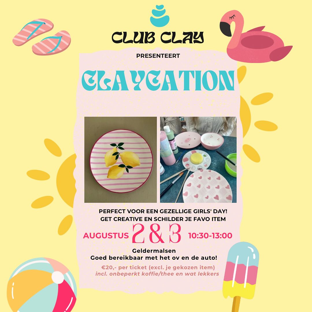 🌴✨ Weekend = Claycation time!
Zaterdag & zondag dompelen we ons onder in zomerse vibes, penseeltjes en gezelligheid 🎨💕
Er zijn nog een paar plekjes, boek snel jouw mini escape via de website!
#claycation #clubclay #keramiekschilderen #zomersuitje #vriendinnenuitje #creatiefmomentje