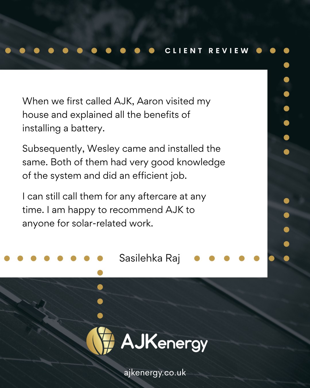 ⭐⭐⭐⭐⭐ Another happy customer! ⭐⭐⭐⭐⭐
Nothing makes us prouder than reviews like this from Sasilehka!
From Aaron's initial consultation explaining all the battery benefits, to Wesley's expert installation - this is exactly what we aim for with every single customer.
✅ Clear explanations you can understand
✅ Professional, efficient installation
✅ Ongoing support whenever you need it
✅ Knowledge you can trust"I am happy to recommend AJK to anyone for solar related work" - that's what it's all about!
🙌Thinking about solar or battery storage for your home?
We'd love to help you too.Get in touch today for your free quotation!
📞 Contact AJK Energy
🌐 ajkenergy.co.uk#CustomerReview #SolarBattery #AJKEnergy #SolarInstallation #BatteryStorage #HappyCustomers #SolarPower #CustomerService