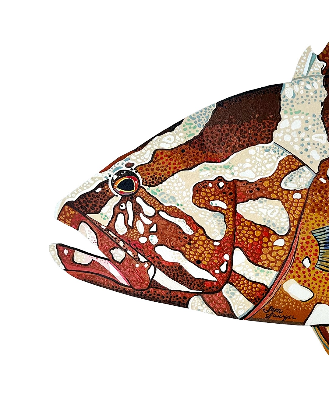 Nassau Grouper 💎
A piece I did last year that I hadn’t shared on here - he’s sold!
2024 | acrylic on laser-cut 1/2 in. wood
16 x 30 in.
During the process of painting the fish cutouts, manipulating the color while breaking the fish down into a pattern is a meditative task. I love when the piece finally comes together and the fish flashes⚡️
#nassaugrouperart #bahamianartist #bahamianart #abacoartist