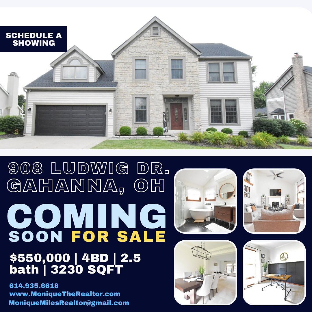 🚨🚨COMING SOON LISTING ALERT 🚨🚨
908 LUDWIG DRIVE, GAHANNA, OH
***MORE PHOTOS COMING****
💵$550,00
🛏 4 Bedroom
🛀🏼 2.5 Bath
🍽 Updated Kitchen
🛋 Lower Rec. Room, Great Room, Dining Room
🛠️NEWER ROOF, 🆒NEWER A/C, 👷🏽UPDATED BACKYARD DECK, 🛁UPDATED BATHROOMS
🏊♂️Radiant POOL
📚Gahanna School
📍Gahanna, OH
LIVE FRIDAY 7/25 for Showings
Call me TODAY for a showing 📲 614.935.6618