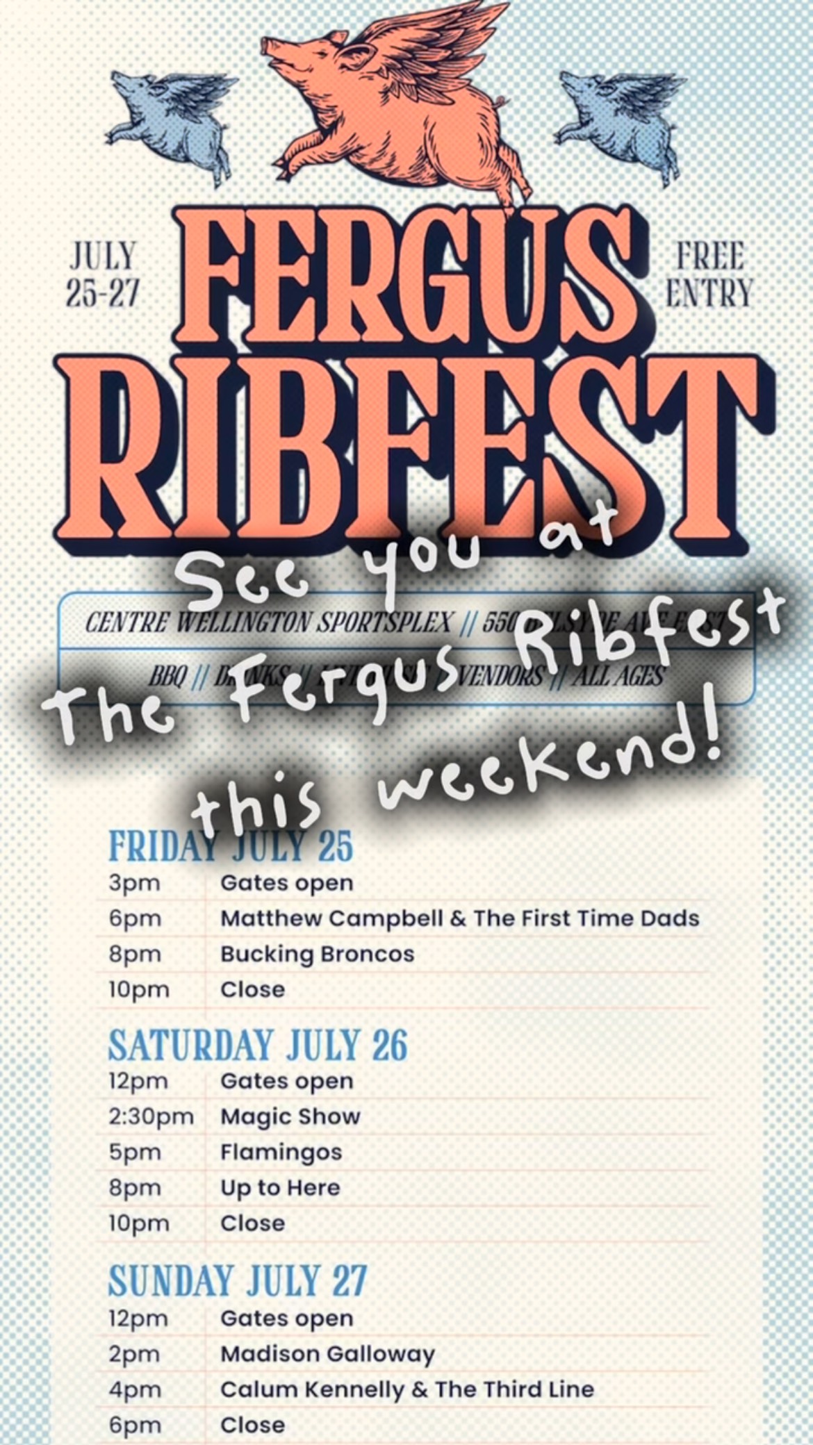 We are set up @fergusribfest this weekend!
Come for the @farmleaguebrewing beers live music, vendors, ribs of course and maybe a wood fired pizza! All ages event and it’s free!