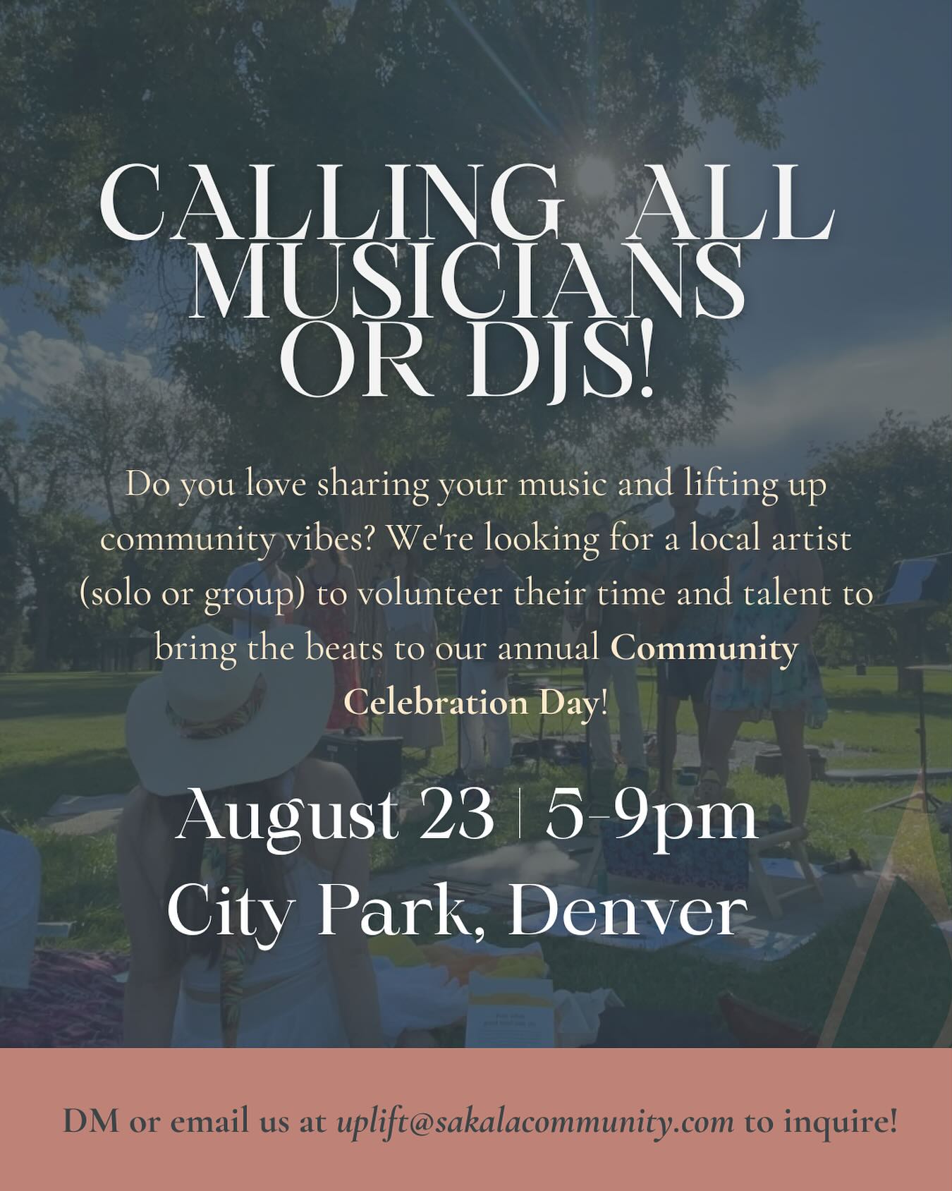 Calling all local musicians or DJs🎶
We’re looking for a talented musician, dj or band to share their gift and help us bring the vibes to our Community Celebration Day on August 23rd from 5–9 at City Park!
If you’d love to volunteer your time and talent to help us create a fun, uplifting evening for the community, we’d love to hear from you!
This event is a time to celebrate connection, collaboration, joy, & acceptance- bringing together a powerful collective of community-rooted organizations in the Denver area:
@sakalacommunity
@inspiredwarriorproject
@nurturedmarketing
@katelynannemarie_
@heartcenteredhumans
@colorhersoul
@illumecollective.co
@bearhousecollective
& we have an INCREDIBLE group of people sharing offerings such as:
•hula hooping, ambient neo soundscapes, a twerkshop, Mayan smoke blessing, a play station, Arts & Activism…
& we’d love to have your musical talent be apart of it!
✨DM @sakalacommunity directly or email uplift@sakalacommunity.com to tell us if you would like to contribute your musical offering!
& if you would like to learn more details & attend this FREE community gathering - all are our welcome - you can RSVP by clicking the link in @sakalacommunity bio!
#denvercommunities #communityevents #summerevents #denversummerevents #summerindenver #musiciansofdenver #djsofdenver #denverdjs #denverbands #musicindenver #denvermusic #denvermusicscene
