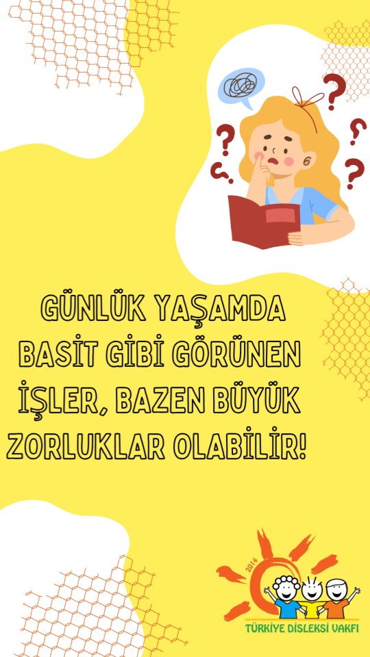Disleksiyle yaşamak her gün bir mücadele olabilir.
Ama bu mücadelede yalnız değilsiniz!
Türkiye Disleksi Vakfı, disleksiye sahip bireylerin yanında, her adımda destek için var.
Sen de farkındalık yarat, destek ol!
#TürkiyeDisleksiVakfı #DisleksiFarkındalık #özelöğrenmegüçlüğü
