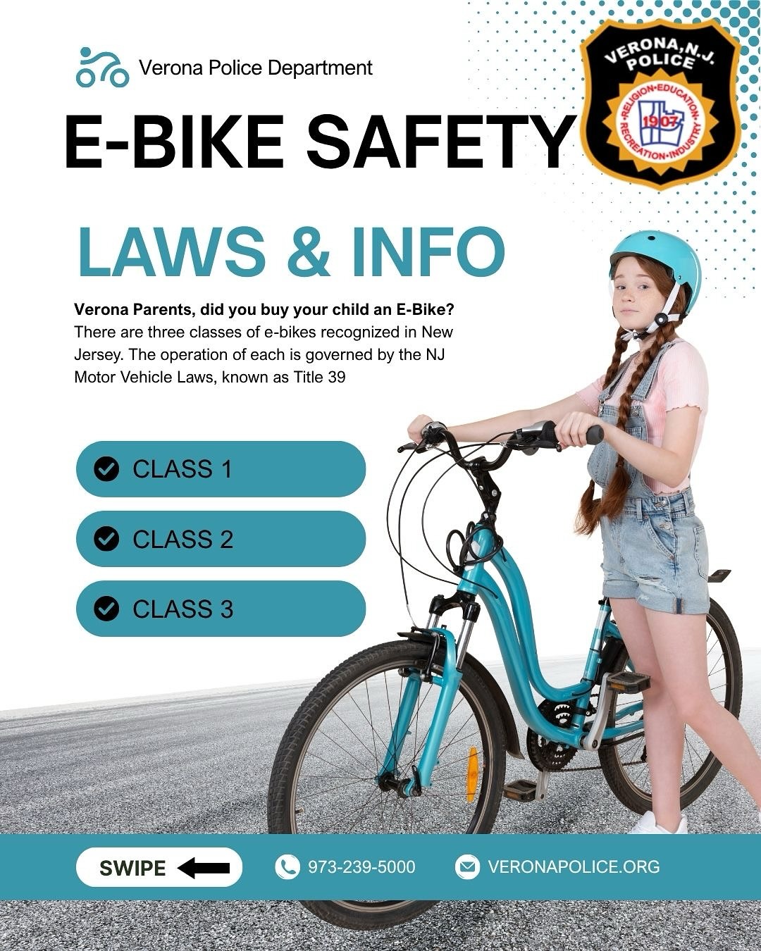 ⚡🚴♂️ E-BIKE SAFETY ALERT 🚴♀️⚡
E-bikes are becoming more popular in Verona — but riders, parents, and drivers need to know the rules.
🛑 Not all e-bikes are street legal
🪖 Helmets are required
🚦 Obey all traffic laws — e-bikes = motor vehicles
📍 Ride only where permitted
🔦 Be seen, be predictable, and ride responsibly
The Verona Police Department is committed to keeping our roads safe for everyone. For laws, safety tips, and what’s legal in NJ, visit our website or contact us directly.
Let’s keep Verona safe — together.
#veronapd #veronapolice #vpd