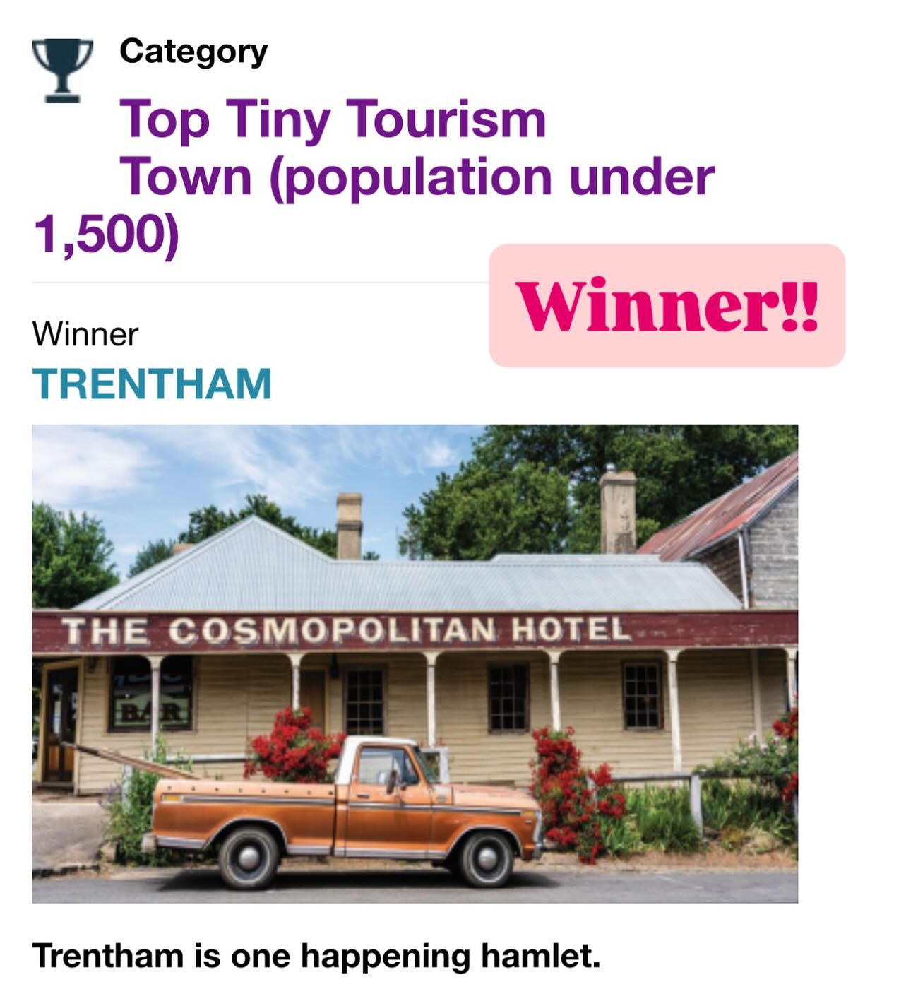 🏆 Big news for our Tiny Town! 🏆
We’re totally chuffed (and a little bit chipped) to announce that Trentham has been crowned the 2025 Victoria Top Tourism Town in the Tiny Tourism Town category!
This little town of ours with its misty mornings, forest trails, historical ties, amazing produce AND an annual festival celebrating the humble spud…has always been something special. Now the rest of the state thinks so too!
Huge thank you to our local legends who make this place great. And another huge thank you to everyone who visits, supports local, tells their friends or just loves this place as much as we do. We might be tiny, but we’re tuber-proud of this win!
Winner details here 👉🏻
https://www.vtic.com.au/toptourismtown/winners
#Trentham #TopTourismTown2025 #TinyTownBigHeart #VisitTrentham #SpudCountry #Spudfest2025 #VisitVictoria
#daylesfordmacedonlife
#daylesfordmacedonranges
#visitmacedonranges