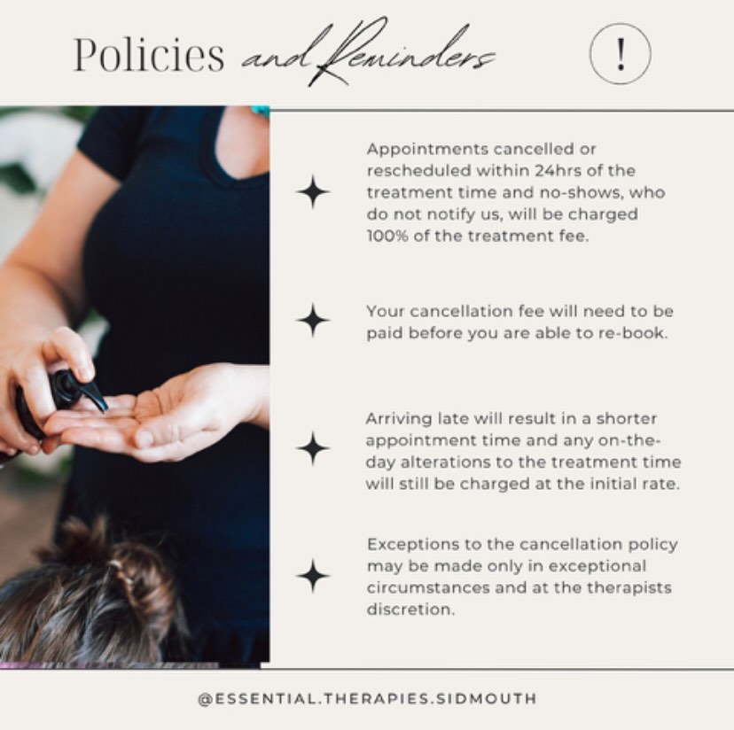 Mutual respect for each other’s time is important.
Please keep in mind that the time you have booked is set aside for you.
Late cancellations, frequent rescheduling and no-shows greatly impact our small business.
As self-employed therapists we have a limited number of appointments available each week and it is simply not viable for us to not charge for our time that has been reserved.
Please give us as much notice as possible if you need to change your appointment so that we are then able to offer it to someone else.