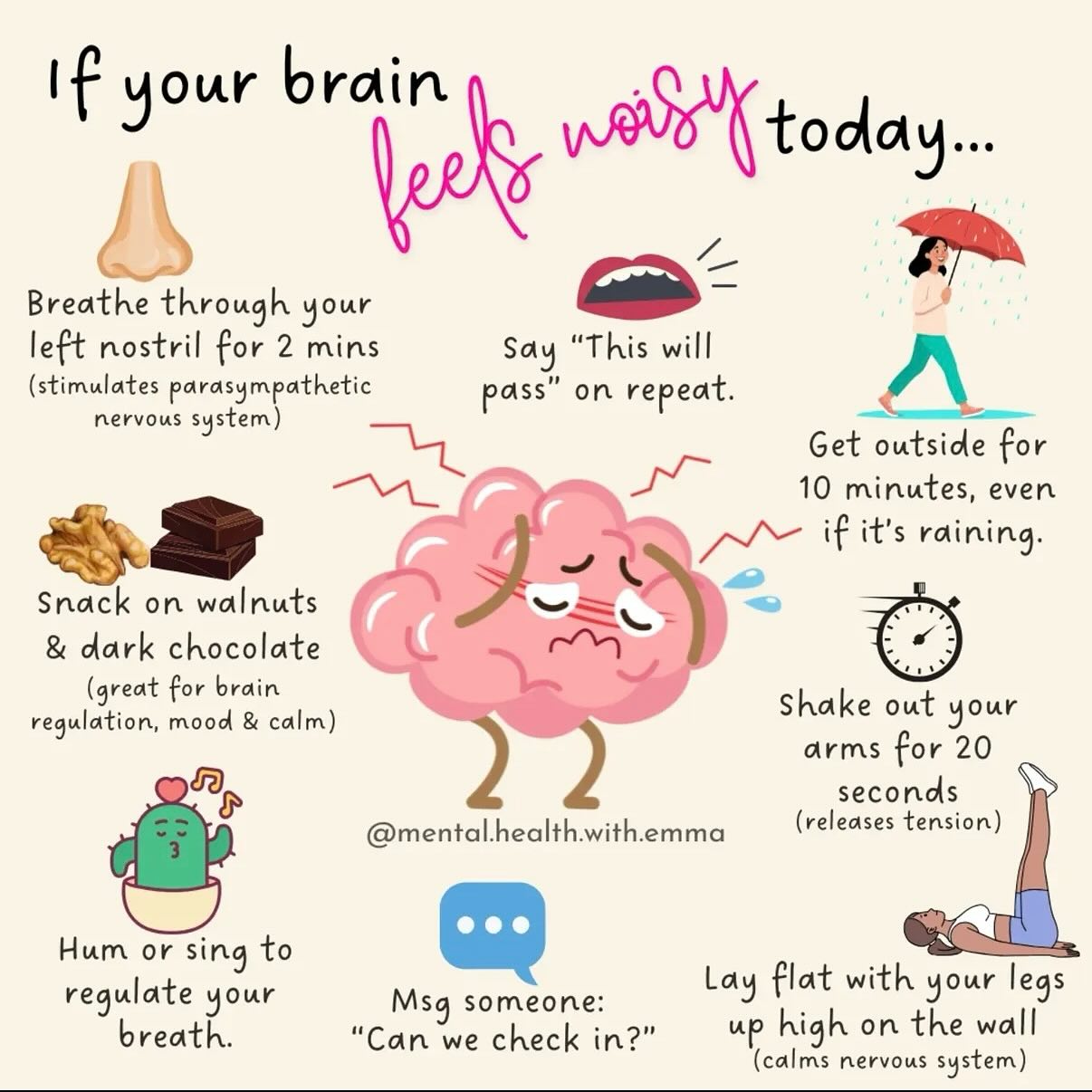 If your brain feels noisy today… 🧠💭
I came across this brilliant visual from @mental.health.with.emma and just had to share. Sometimes the smallest, simplest strategies can help us (and our little ones) feel more grounded. 🌱
Whether it’s breathing through your left nostril, getting outside for 10 minutes (even in the rain!), or having a snack of walnuts and dark chocolate—there are so many gentle ways to help our nervous system reset. 🍫🍃
Personally, I love a walk and changing up my surrounding when things feel a bit much. Which of these do you already use—or want to try?
Let’s teach our children (and ourselves) that it’s okay to pause and reset. 💗
#EmotionalWellbeing #MentalHealthMatters #ToolsForCalm #MindfulKids #ParentingTips #TeachingEmotions #SelfRegulation #FindingTobysSmile #MentalHealthAwareness