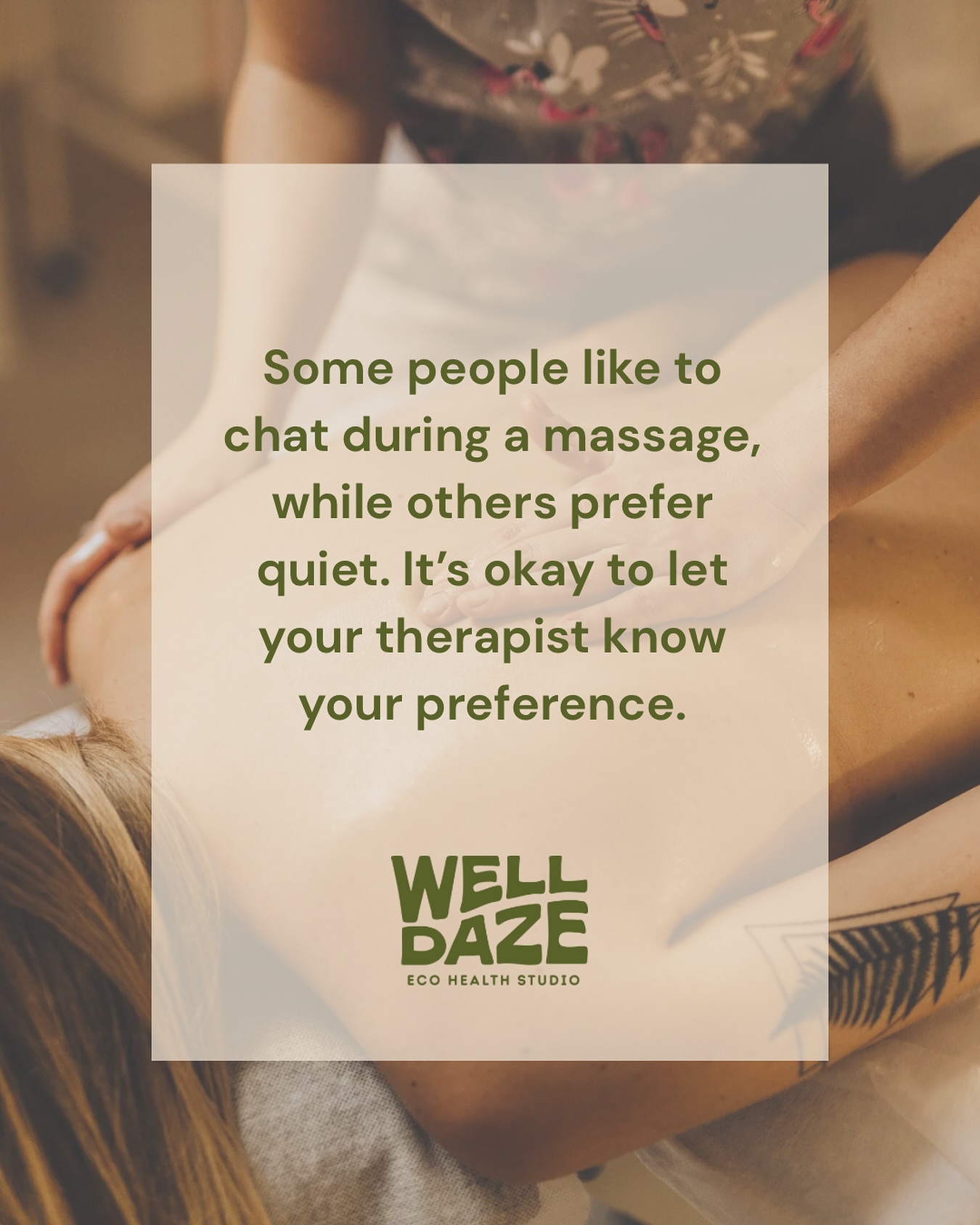 Just a gentle reminder to prioritize your own needs. As a therapist, I value when clients feel comfortable expressing what they need during treatment. If you’re feeling overwhelmed, you can ask for quiet time during a massage, and we’ll do our best to accommodate you. This helps ensure you have a great experience.
What do you prefer during a massage?