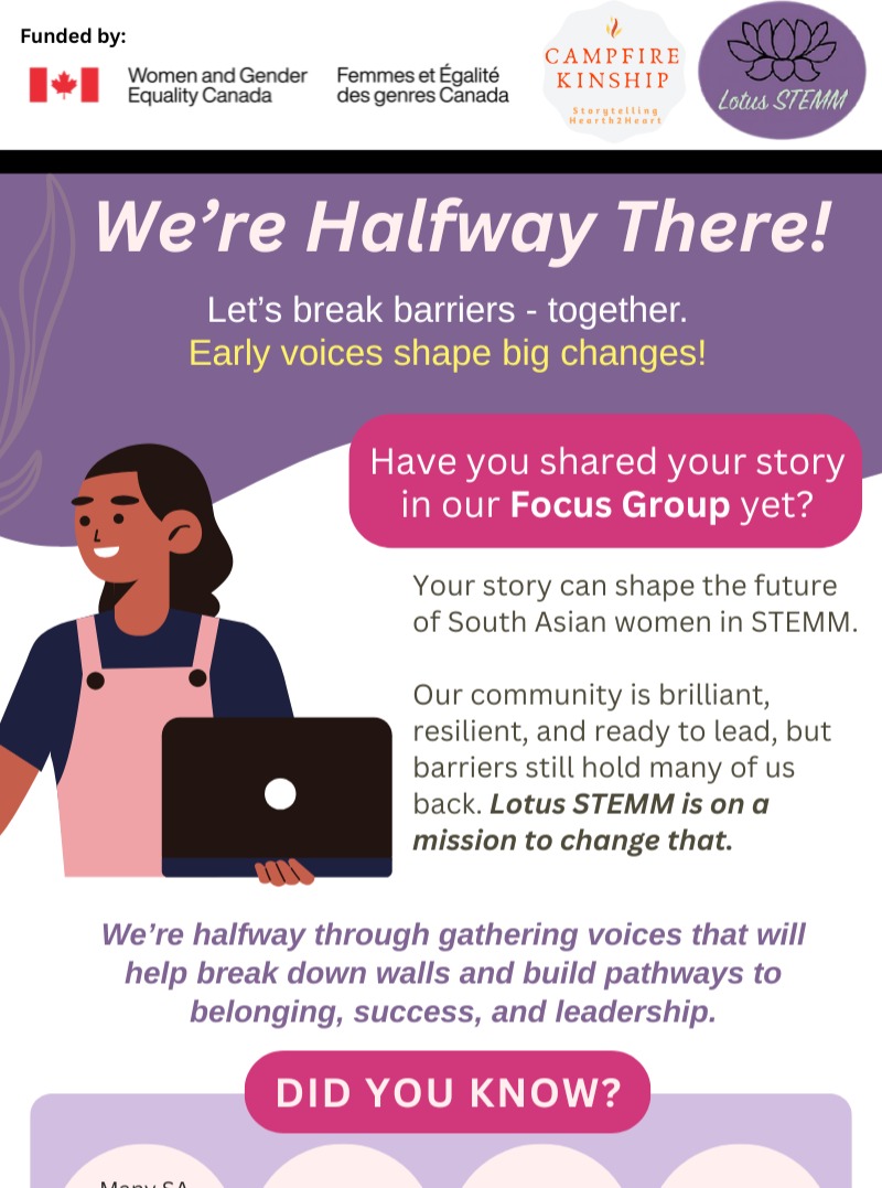 🟢 👉 We’re still gathering voices - so if you haven’t participated yet, now’s your time to shine!
🌟If you’re a South Asian woman (18+) in Canada in or pursuing a STEMM career, we’d love to hear from you.
📝 Take our 10-min survey
💻 Join a virtual focus group
💰 Honorarium provided
Let’s break barriers and build pathways - together💪
Your voice. Your story. Real change. ❤️
#lotusstemm #SouthAsianWomenInSTEMM #RepresentationMatters #STEMMEquity #WAGEWAGEWAGEWAGE / FEGC #CampfireCampfireCampfireCampfire Kinship