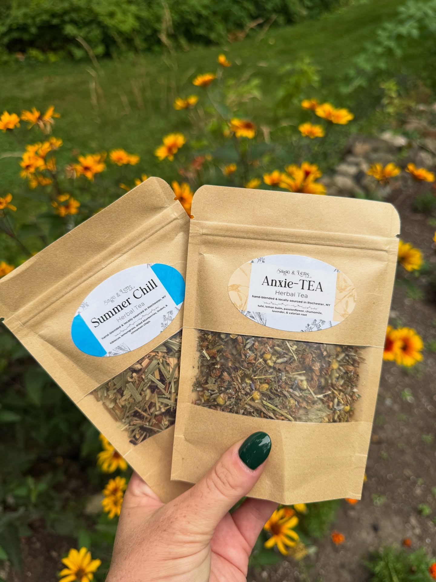 I am so stoked about these two teas, friends!!
Anxie-TEA is lovingly curated with ya girl’s own anxiety troubles as inspiration for this one. It has a wonderful array of herbs and florals that are sure to bring a smile to your face and ease you into a warm hug of calm and peace, melting away your current stress and anxieties.
Summer Chill Tea can be enjoyed hot, iced, or as a cold infusion! It’s bound to keep you refreshed no matter how you choose to sip your cup.
Which one are you most excited to try??