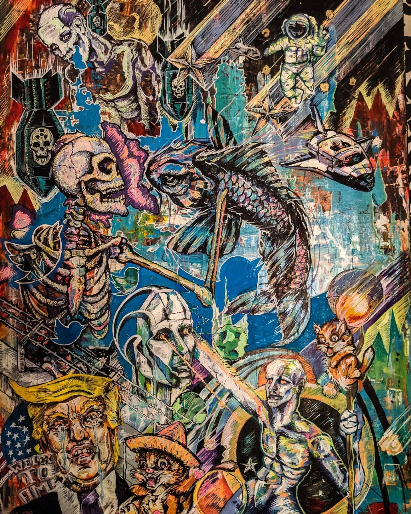 'Dead birds don't tweet!'
I painted this back in 2020.
At the time, it felt like a wild exaggeration. A chaotic fantasy.
But now, in 2025, I look at it... and it feels brutally real.
The symbols, the darkness that reflects while watching it, the order of the things you can spot in there — all speak louder today than they did back then.
Did you see the Twitter birds that no longer exist?
The space shuttle that points to a man who now owns the platforms we speak on?
The clownish face that once made headlines — and now rules again?
I didn’t paint the future.
But somehow, the future caught up with the painting.
Take a closer look. What do you see in it — now?
Looking for #artcollaboration #artgalleries #painting #artoftoday #posttruth #artasresistance #artthatspeaks #dystopianart #visionaryart #contemporaryart #2025reality #climateofcrisis