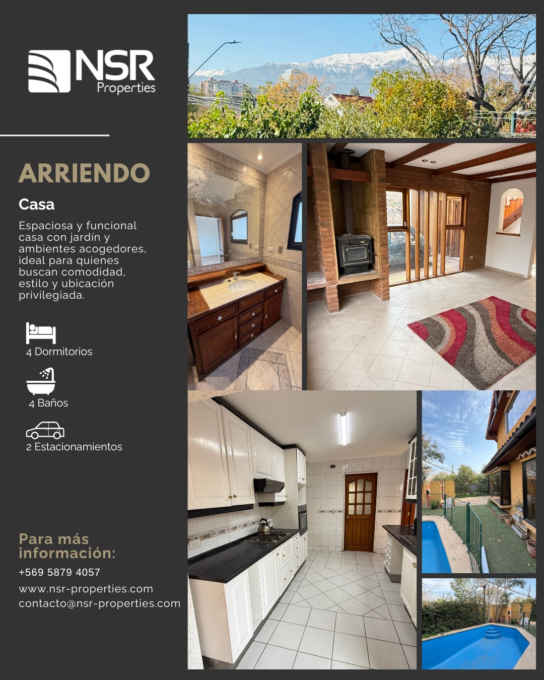 VISTA CORDILLERA - LAS TRANQUERAS – VIRGINIA
Terreno: 267 m² | Construcción: 161 m2 útiles | Recién pintada
Espaciosa y funcional casa con jardín y ambientes acogedores, ideal para quienes buscan comodidad, estilo y ubicación privilegiada.
Ubicación:
La propiedad está estratégicamente ubicada cerca de colegios como el Amanda Labarca, Antártica, San Esteban Diácono, Tabancura, además de estar a pocos minutos de la Clínica Alemana, Red Salud Vitacura y otros servicios esenciales.
Distribución:
Piso 1:
• Hall de recepción.
• Baño completo (visitas) con luz natural.
• Living y comedor con bow-window.
• Escritorio.
• Cocina con comedor de diario. Salida a patio trasero con jardineras.
• Pieza y baño de servicio.
• Logia, patio y entrada de servicio.
Piso 2:
• Dormitorio principal con closets. Baño completo con luz natural.
• Dos dormitorios con closets.
• Baño con luz natural.
• Closet para ropa blanca.
• Espacio para escritorio en subida de escalera.
• Entretecho para guardado con acceso por escalera.
Exterior:
• Piscina con revestimiento nuevo y sistema de filtrado.
• Portón automatizado.
• Estacionamiento techado para dos autos.
• Patio de servicio.
Detalles y datos adicionales:
• Pisos flotantes en los dormitorios.
• Caldera para calefacción por radiadores y califont.
• Se entrega recién pintada.
DISPONIBLE A PARTIR DEL 15 DE JULIO DE 2025.
Contáctanos para coordinar una visita y conocer esta magnífica propiedad!
Contacto: Cinthia García / +569 5879 4057
cinthia.garcia@nsr-properties.com