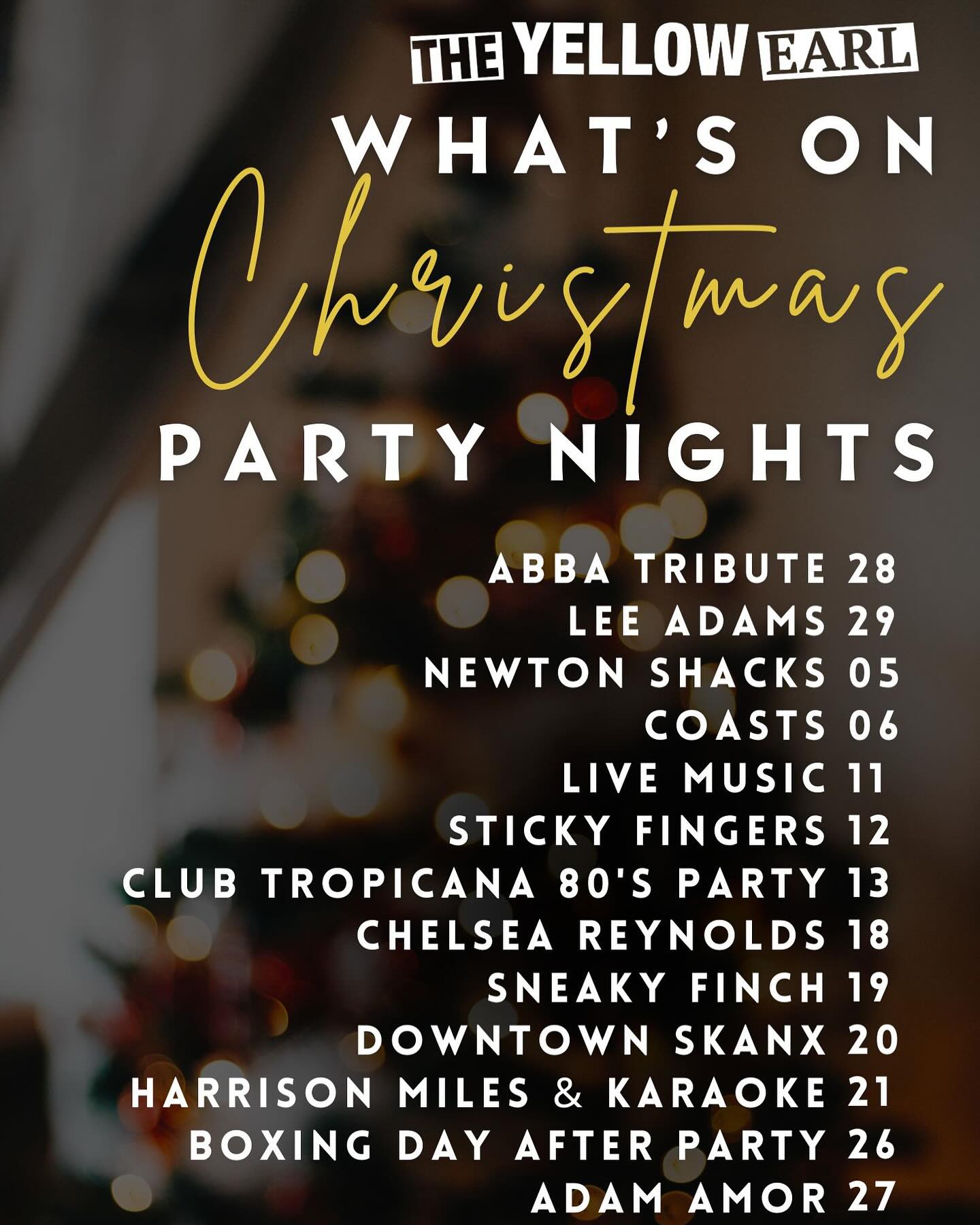 .
☃️🥂C h r i s t m a s P a r t i e s🥂☃️
We are taking bookings for Christmas party’s now!!!!
Free evening entertainment when booking on any of the dates shown🤩
There are a few options for your party.. from bottomless brunch to buffet
We can hold parties from 4 people up to 120 people
Private rooms and table bookings available, big or small!
Please don’t hesitate to drop us a message with any questions😊
📖To book:
📞 01946 691450
📥 instagram/Facebook
📧 bookings@theyellowearl.com