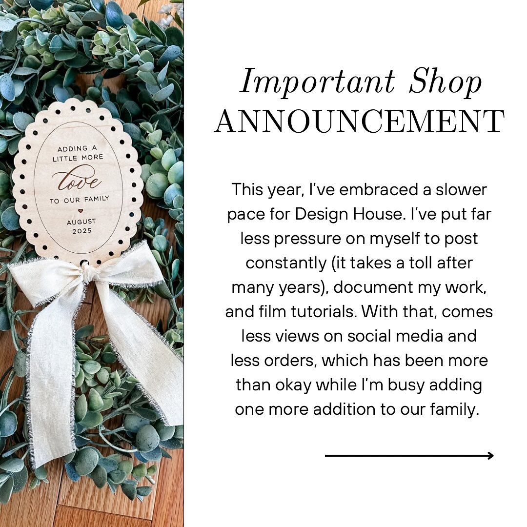 Hi friends! As I prepare for baby number three, I’ve made the decision to close my shop. I’m honestly not sure for how long or what’s next for me, but I may be out of the laser/design world for a while while I figure it out. Design House has been a part of my life for the last five years and brought me so many amazing connections, fun projects, and joy. But I’m in a time of transition and no longer feel the same spark as I once did.
I’ll still be here lurking and cheering you all on though, so keep creating amazing things. I’ll see you when I see you.🩷
#etsy #shopsmall #laserengraving #lasercutting #wedding #weddingdecor #weddingsigns #signage #eventdecor #acrylic #designhousebybrittany