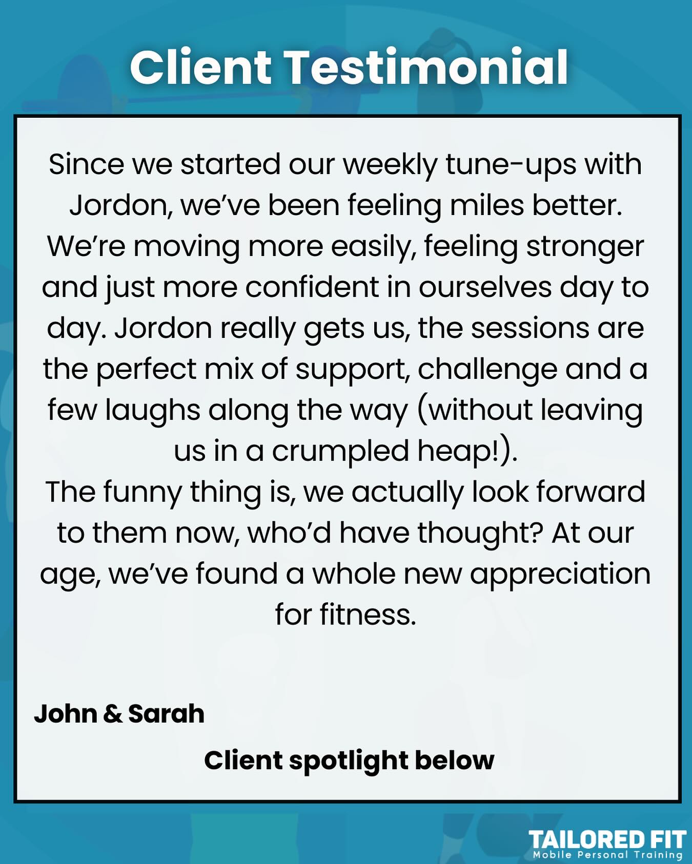 I’m so proud of how far John and Sarah have come. When we first started, they just wanted to feel a bit more mobile and confident again — and now, they’re moving better, feeling stronger and actually enjoying the process.
They show up each week with a great attitude, and it’s been amazing to see their confidence grow.