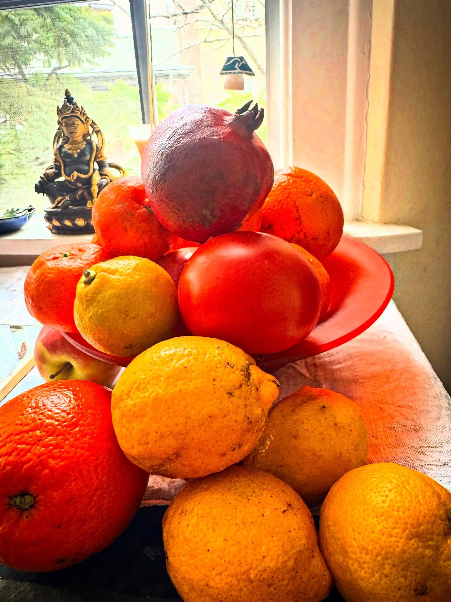 An abundance of VitaminC . Food is medicine. Winter flu ! The pharmacist or the farm ? Organic mandarins oranges lemonade and lemons pomegranate Nature’s vitamin C flowing . Or plastic bottle pill. When sick I try to find the food with properties to heal or mend or nurture - nourish . Vit C cascades with flavour