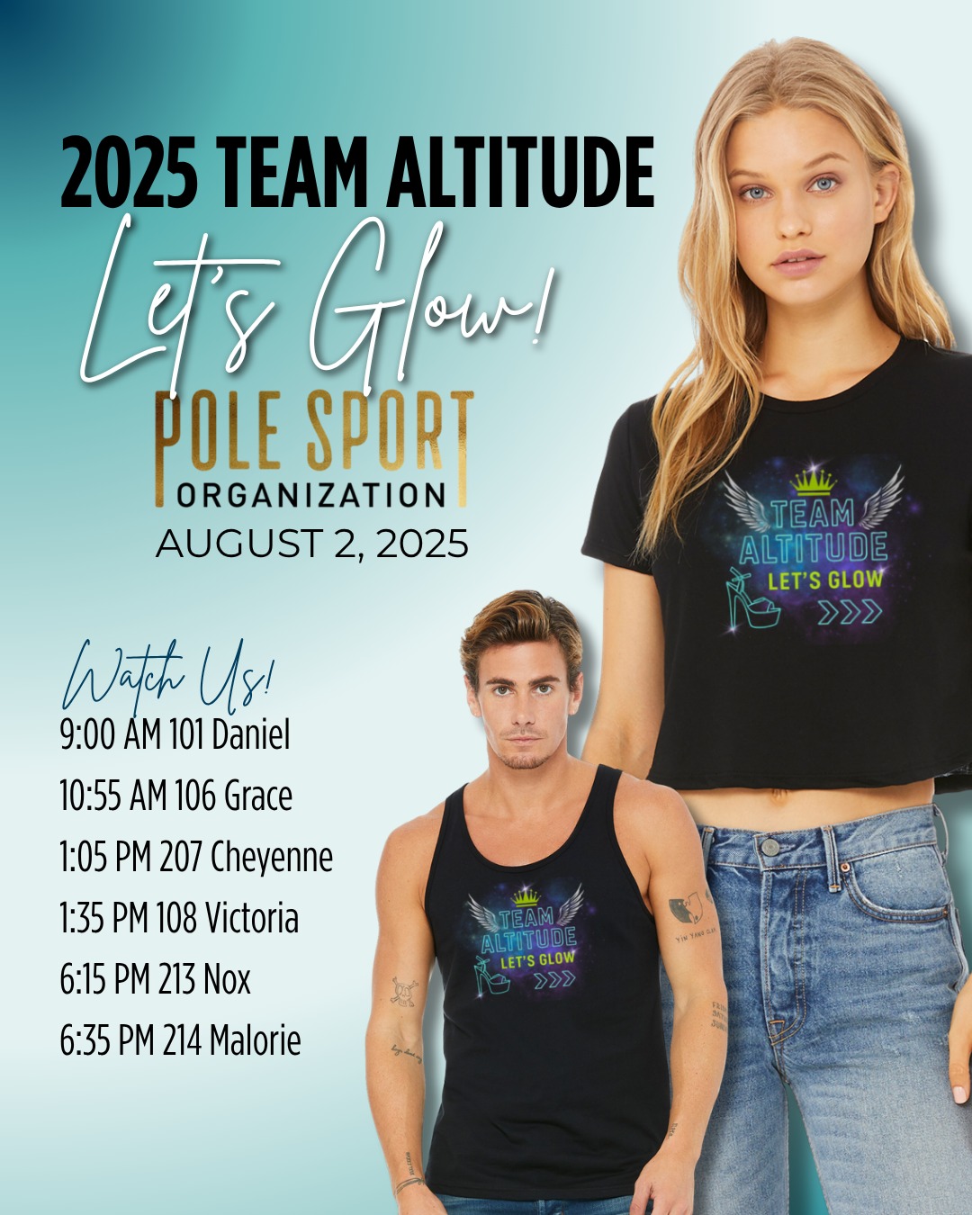 🎉 Join the Party at PSO Southwest! 🎉
Our Altitude athletes are taking the stage at one of the biggest regional pole events—PSO Southwest Pole Championships—on Saturday, August 2 at the Dallas Children's Theater!
🕘 From 9 AM to 7 PM, over 130 pole dancers will showcase their power, artistry, and passion—and our incredible team will be right in the spotlight. Come cheer for:
✨ Daniel • 9:00 AM
✨ Grace • 10:55 AM
✨ Cheyenne • 1:05 PM
✨ Victoria • 1:35 PM
✨ Nox • 6:15 PM
✨ Malorie • 6:35 PM
🎟 Tix & Info: https://f.mtr.cool/fjwjvbjqvy
💡 Wear your brightest gear—neon, glitter, glow sticks—and let’s LIGHT UP the crowd! Don’t forget your Team Altitude shirt to show your pride:
👚 Cropped Shirt
👕 Unisex Tank
🗣 Hype up our performers
🚗 Join a carpool
📸 Share your spirit on socials
🌟 Let’s show PSO the power of Altitude—strength, heart, and unstoppable glow!
#TeamAltitude #PSOSouthwest #PoleStrong #ShowUpShowOut #AltitudeGlowUp #PoleChampionships2025