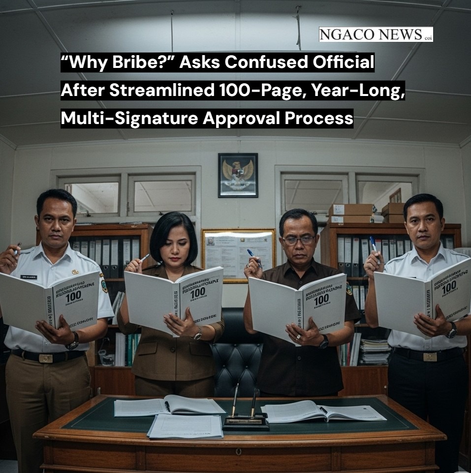 “Kenapa Suap?” Tanya Pejabat Bingung Setelah Proses Persetujuan Disederhanakan dengan 100 Halaman, Waktu Setahun, Dan Perlu Bertanda Tangan 50 Orang
“Why Bribe?” Asks Confused Official After Streamlined 100-Page, Year-Long, Multi-Signature Approval Process
Full article (ID & EN below) at www.ngaconews.com:
JAKARTA — In a stunning show of bureaucratic efficiency, a government official has expressed confusion over recent bribery allegations, insisting that the current permit approval process is “already fast, clear, and deeply user-friendly.”
The official pointed out that applicants only need to submit a 100-page document, complete 27 supporting forms, and wait a mere 11 months for a response from the official's seven involved agencies. “With our three in-person interviews required and only four signatures from each of our agency's team, the process basically runs itself,” he said. “Why would anyone bribe?”
The official concluded on an optimistic note, promising that next year, the document requirement will be reduced to 85 pages and the waiting time shortened to 10 months as part of the “Indonesia Fast Permit” initiative currently in development. “We’re constantly innovating. We've just launched an online portal that works 70% of the time."
When asked specifically about sugar import permits, the official clarified: “Those actually move faster than the average Indonesian permit. That’s because sugar falls under two key national initiatives — the ‘Indonesia Fast Program’ and the ‘Remove Political Opponent Fast Program.’”
He went on to explain that while the sugar permit process still technically requires multiple steps and agency approvals, "if let's say, there's a random Indonesian official, like a trade minister that needs to be taken away publicly, then the process and system can move very quickly."
At the time of this publication however, the online portal to the Indonesia Fast Program and Remove Political Opponent Fast Program remained inaccessible due to heavy rain.