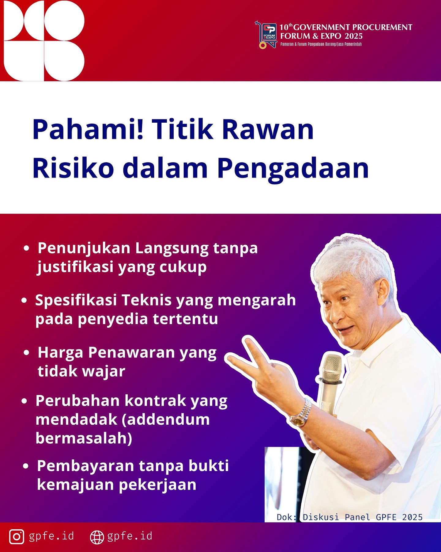 Siapkah Anda Beradaptasi dengan Cara Baru Pengadaan Pemerintah?
Era digital menuntut penyedia barang/jasa untuk lebih tangkas, transparan, dan inovatif.
Lewat diskusi panel GPFE 2025, ini poin penting yang perlu Anda pahami:
✅ Strategi pengadaan kini lebih terstruktur:
• Perencanaan berbasis data
• Konsolidasi kebutuhan
• Fokus pada output, bukan hanya spesifikasi
• Kontrak fleksibel & efisien
Namun tantangan pasti tetap ada!
Diskresi yang tidak terstandar & titik risiko seperti penunjukan langsung tanpa justifikasi bisa menjadi kendala serius.
Saatnya penyedia naik level dan bangun kredibilitas melalui proses pengadaan yang profesional.
#GPFE2025 #PengadaanPemerintah #PenyediaProfesional #BusinessMatching #EProcurement #inovasipengadaan