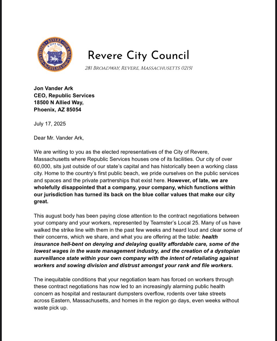 This letter was just unanimously approved by the Revere City Council and will be sent to Republic Services in support of @teamsters25