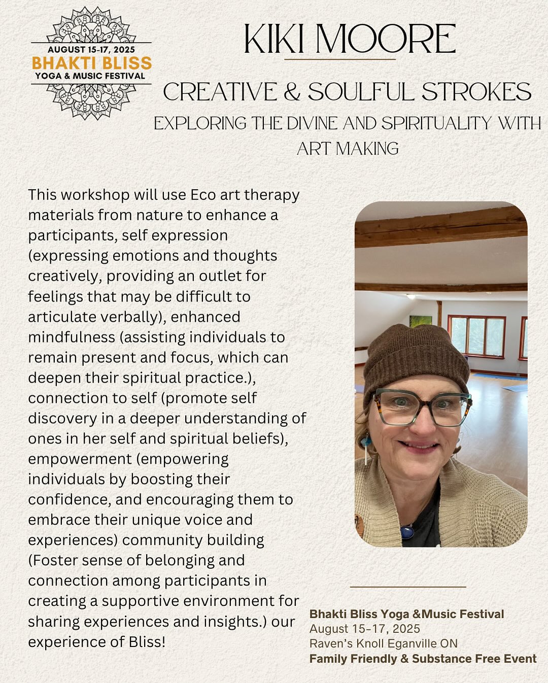 Introducing - Creative & Soulful Strokes
Exploring the divine and spirituality with at making
This workshop will use Eco art therapy materials from nature to enhance a participants, self expression (expressing emotions and thoughts creatively, providing an outlet for feelings that may be difficult to articulate verbally), enhanced mindfulness (assisting individuals to remain present and focus, which can deepen their spiritual practice.), connection to self (promote self discovery in a deeper understanding of ones in her self and spiritual beliefs), empowerment (empowering individuals by boosting their confidence, and encouraging them to embrace their unique voice and experiences) community building (Foster sense of belonging and connection among participants in creating a supportive environment for sharing experiences and insights.) our experience of Bliss!
Immerse yourself in this offering with your ticket! Ticket link in bio 💖
#arttherapist #artoutdoors #creativeexpression #artfestival #bhaktibliss #healingart