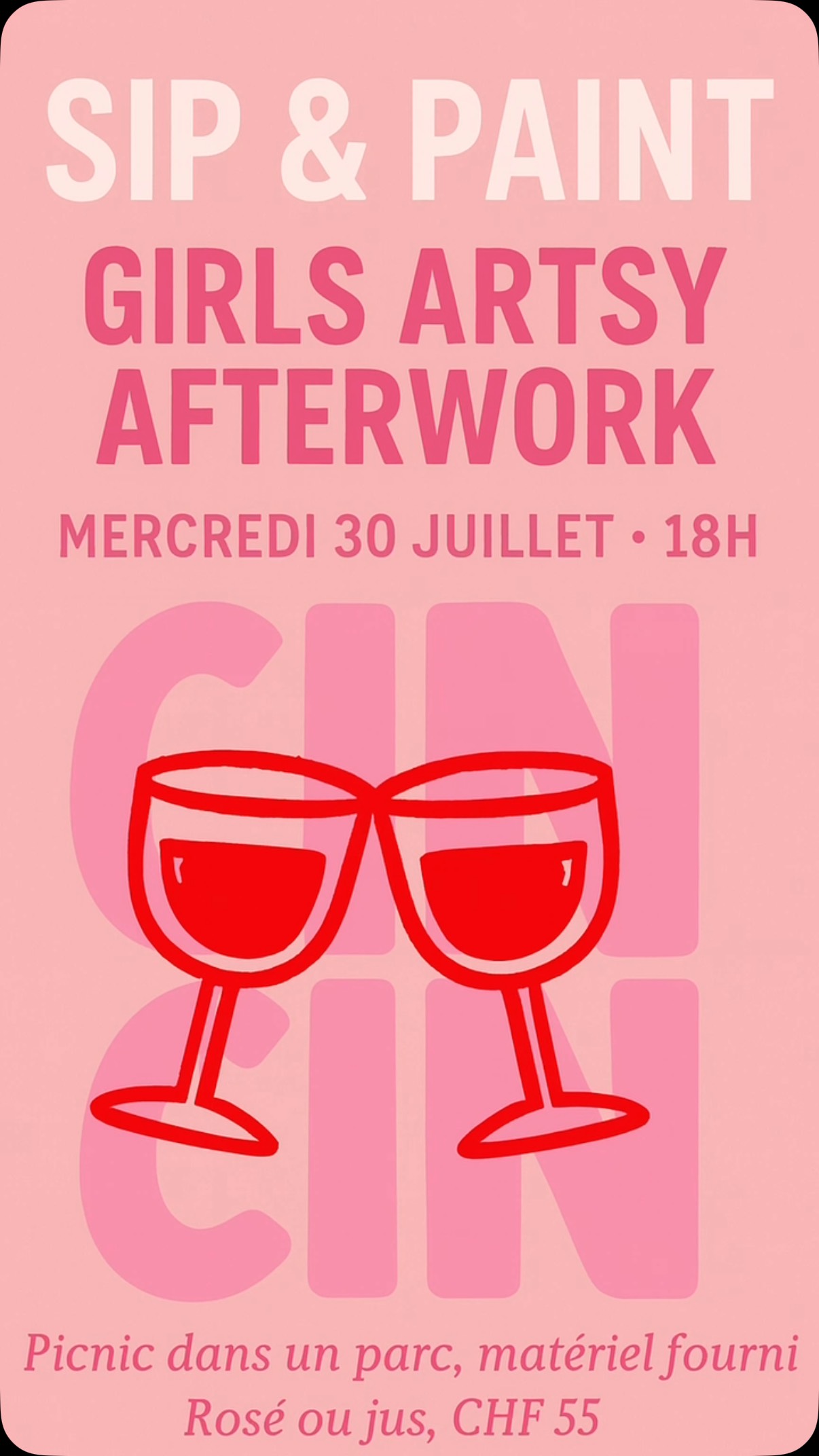 🎨 Sip & Paint – Artsy Girl Edition
Mercredi 30 juillet • 18h • Genève
✨ Une soirée créative & 100 % girly en plein air
🍷 Rosé ou jus inclus
🧺 Ambiance pique-nique chic
🎨 Tout le matos art est fourni
👩🎨 Aucune expérience requise
💗 Thème : Artsy Girl vibes
🤳Photos avec tes nouvelles Best Friends
🌦 Alternative couverte si mauvais temps
👯♀️ 6 à 8 participantes max – ambiance intime & fun
💸 55 CHF – matériel + boissons + guidance artistique
📩 Réserve ta place en DM !
#sipandpaintgeneve #afterworkgirls #artsygirlvibes #evenementgeneve #girlyvibes #reunioncreativesuisse #geneve #activitegeneve