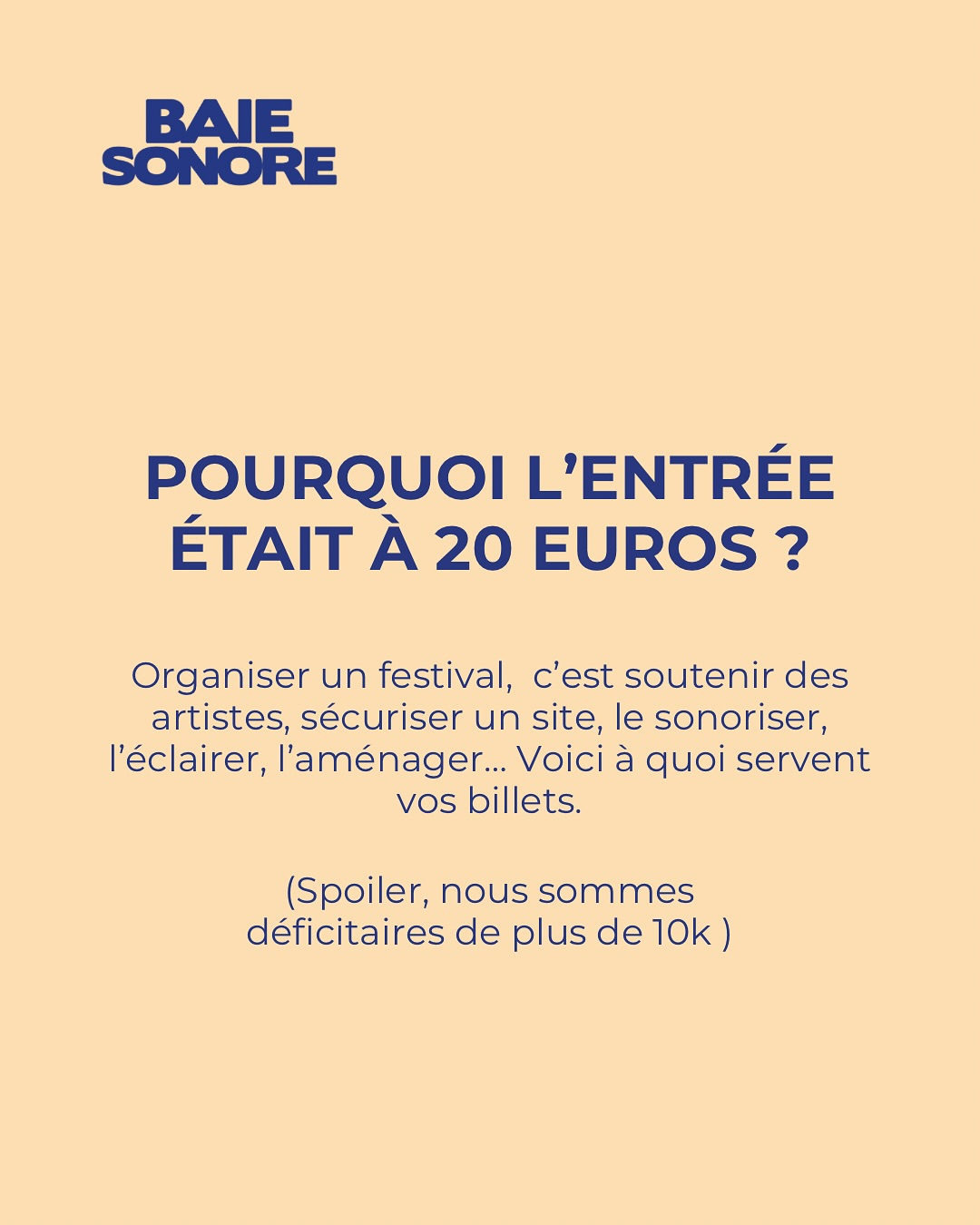 🎟️ On sait que certain·es ont trouvé le billet un peu cher… (sauf les tarifs réduits) Alors, en toute transparence, voici où est passé l’argent 👇
🎤 Artistes & contenus ( Cachets, ateliers, animations, hébergements…) : ~17 000 €
🎧 Technique (son, lumière, scène…) : ~17 000 €
🏕 Logistique & site (toilettes, barnums, sécurité…) : ~9 000 €
📣 Communication & organisation : ~7 500 €
🛡 Assurances : ~2 000 €
Aucune subvention publique cette année.
On a gardé des prix au bar accessibles (5 € la pinte) pour que la fête reste simple.
Le festival a pu exister grâce à vos billets, vos dons, nos partenaires… Et un apport personnel important des organisatrices.
Pour que Baie Sonore continue, on aura besoin d’un soutien plus large, des collectivités, de mécènes et de partenaires. Et plus on sera soutenu·es, plus on pourra garder une billetterie accessible à toutes et tous.
Merci d’avoir été là, d’avoir dansé, souri, partagé.
On rêve déjà de 2026. Et si vous voulez faire partie de l’aventure… écrivez-nous ❤️
#baiesonore