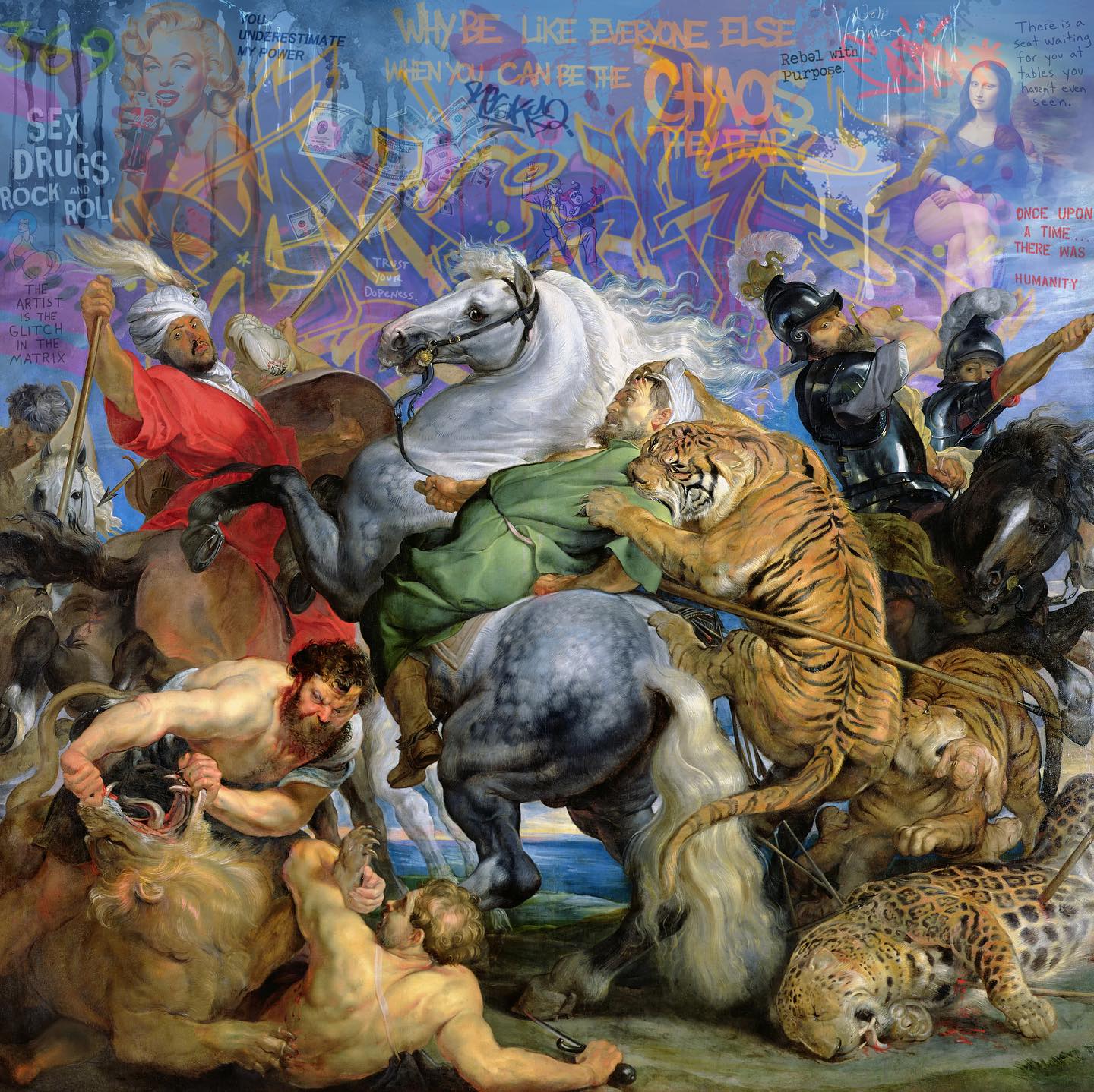 NOLI TIMERE by Marco Battaglini
Amid chaos and ferocity, the eternal battle rages, not just between beasts and men, but within the soul itself. The clash of classical power and urban rebellion transforms the canvas into a manifesto: fear is an illusion, courage the only path forward.
This painting is not a scene from the past, it is a mirror of our present, a challenge to rise beyond instinct and rediscover our true essence.
Tell me, what does fearless mean to you?
#FearIsAnIllusion #UrbanRenaissance #MarcoBattaglini