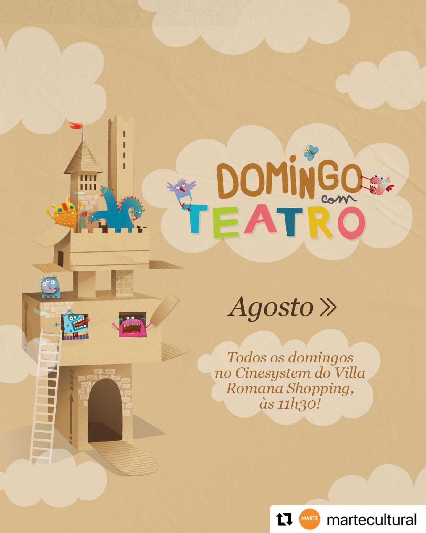 Nós estamos na programação de agosto do @domingocomteatro!
“O velho que faz florescer árvores e o fiel Shiro” estará no dia 03/08 no Cinesystem @villaromanashopping, às 11h30min.
Confere abaixo a publicação do @martecultural e acompanhe todos os outros domingos que estão por vir!
Nos vemos lá! ✨
・・・
Hora de conferir a programação de agosto do @domingocomteatro!
🎭 03/08 – Teatro Dori @teatrodori – “O velho que faz florescer árvores e o fiel Shiro” | LIBRAS
🎭 10/08 – Circo Rodado @circorodado – “O Gari” | LIBRAS
🎭 17/08 – Bruna Hedler @brunahedler – “Concerto Show: Cadê minha criança em mim?” | LIBRAS
🎭 24/08 – Entre Sonhos Produções @entresonhosproducoes – “Peter Pan” | LIBRAS
🎭 31/08 – Lieza Neves – “Falantes e Encantados” | LIBRAS, audiodescrição e sessão adaptada para pessoas com TEA
Lembrando que as apresentações acontecem no Cinesystem do @villaromanashopping, todos os domingos às 11h30!
🎭 O Domingo com Teatro é um dos mais importantes projetos de promoção da cultura na infância e formação de plateia de Santa Catarina. Realiza apresentações semanais de espetáculos infantis para curtir em família, sempre em sessões gratuitas. O projeto é totalmente patrocinado pela @prefflorianopolis, Secretaria de Turismo, Cultura e Esporte e @fundacaofranklincascaes por meio da Lei Municipal de Incentivo à Cultura nº 3659/91. Com o apoio cultural do @villaromanashopping e Cinesystem. A coordenação geral é da @martecultural.
#domingocomdeteatro #teatro #cultura #floripa #culturafloripa #teatroinfantil #FundaçãoFranklinCascaes #LeiMunicipaldeIncentivoàCultura #martecultural #villaromanashopping #teatrocatarinense #teatrodori #kamishibai #teatro #hanasakajiisan #dori