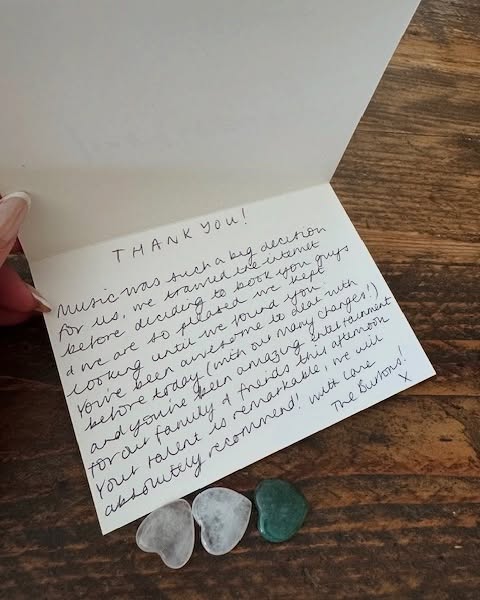 Thank you to Paul and Kirsty for the lovely card. It means so much to know that our playing helped make your day even more special!