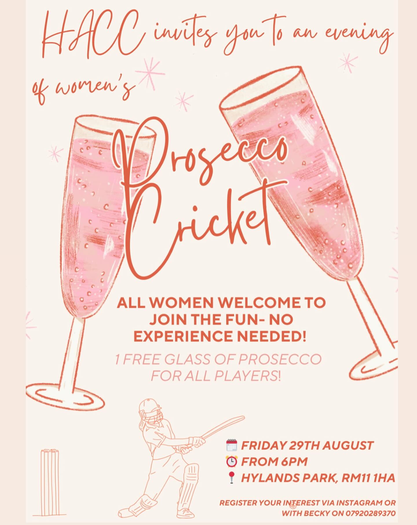 All women welcome for an evening of softball cricket! No experience necessary- give women’s cricket a go in a friendly, fun environment. The BBQ will be fired up, music playing and a free glass of Prosecco will be given to each player. 🎵🍔
DM us to register your interest! 🥂🏏