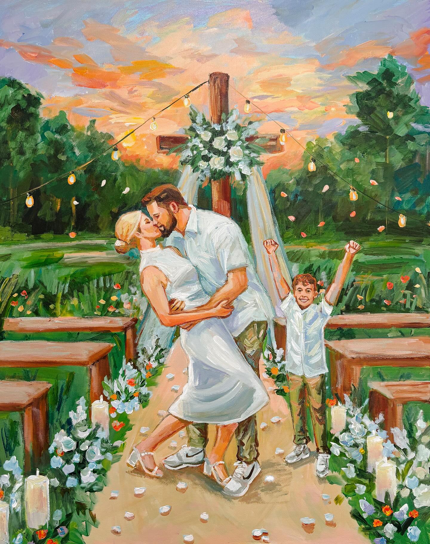 Love, simplicity, and sneakers!
This sweet backyard wedding stole my heart—from the glowing sunset to the joyful little guest raising his hands in celebration! I had the honor of painting this heartfelt moment where love truly took center stage.
Proof that you don’t need a grand venue to create something beautiful… just two people in love, a few flower petals, and a whole lot of joy. Thank you Luke, Elizabeth, and Quint!
🎨 Painted with love, straight from the heart.
#WeddingPainting #BackyardWedding #LiveWeddingArt #ChristinaPappionArt #CustomWeddingPainting #WeddingArtist #SimpleLove #PainterOfLove #WeddingInspiration